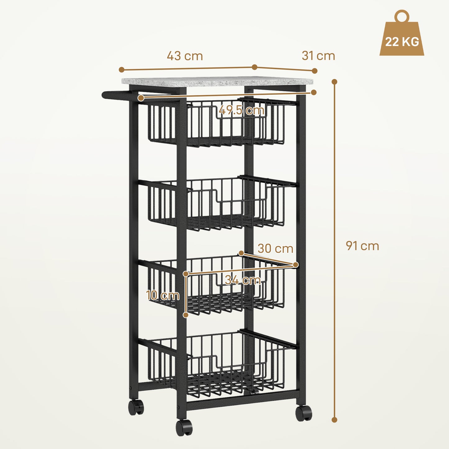 HOMCOM Four Basket Mobile Kitchen Island With Brakes Grey And Black With Marble Effect Countertop
