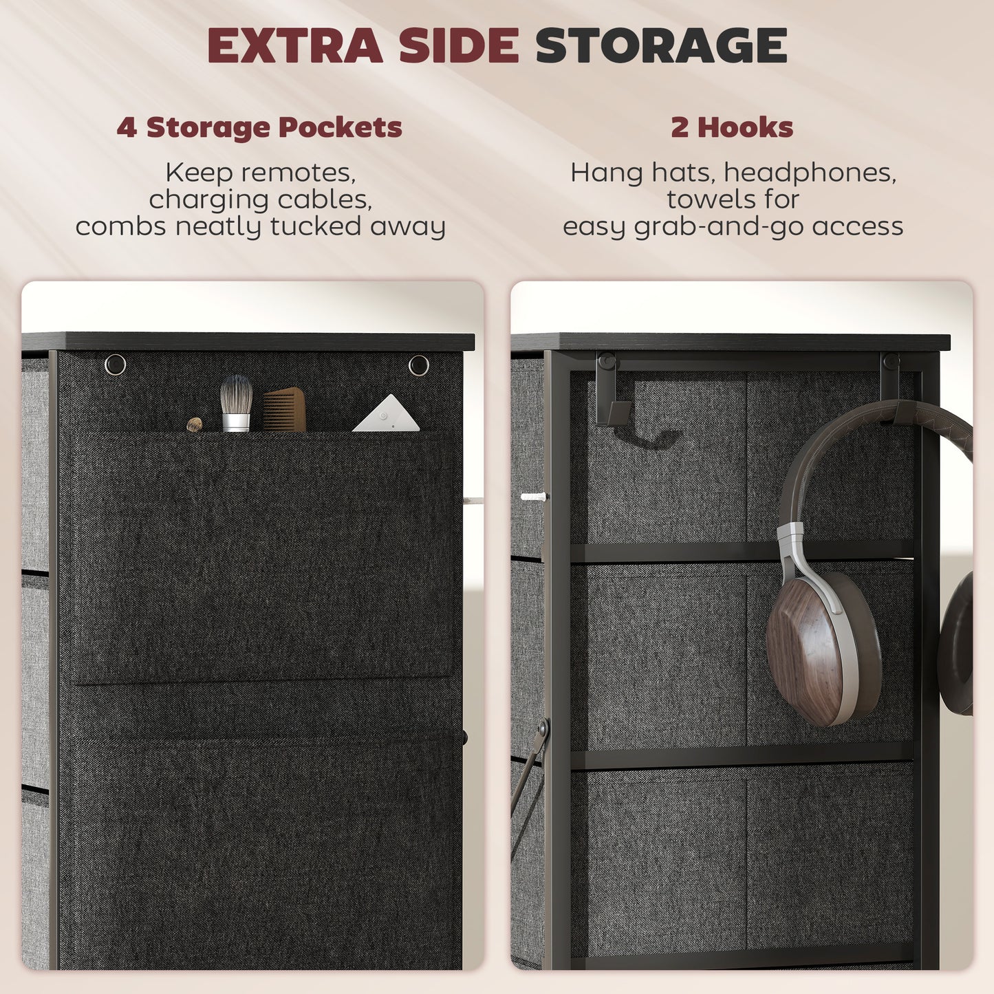 HOMCOM Five Drawer Fabric Chest In Charcoal Grey With Steel Frame And Side Pockets