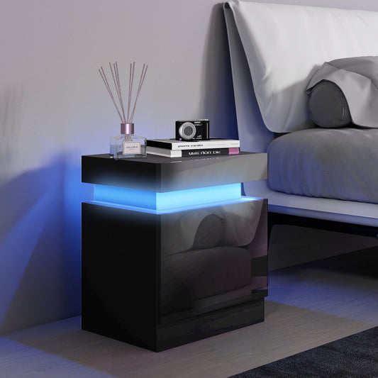 HOMCOM Black LED Color Changing Bedside Table With 2 Drawers High Gloss Front Nightstand For Living Room And Bedroom