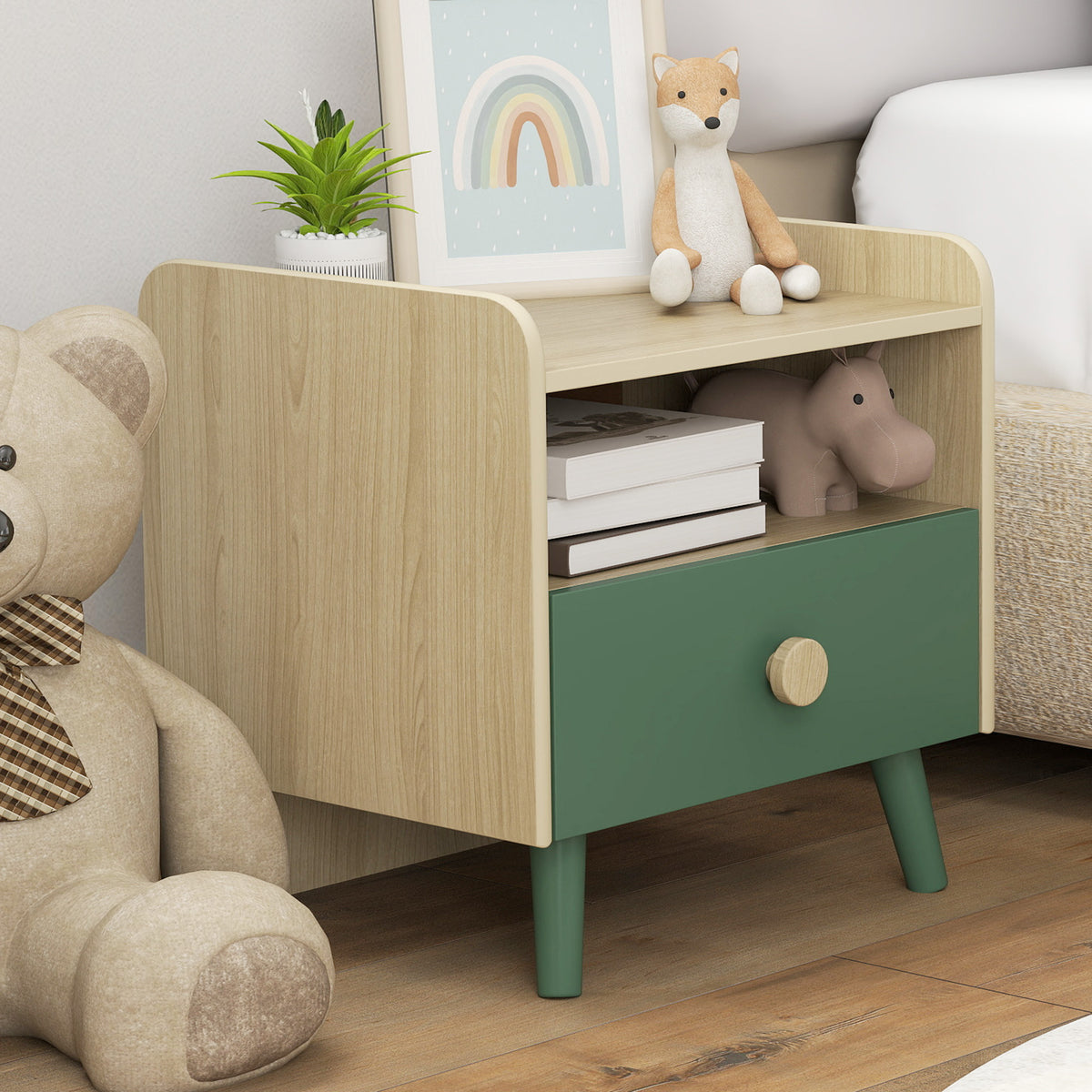 AIYAPLAY Kids Wooden Bedside Table With Drawer And Open Storage Shelf Green