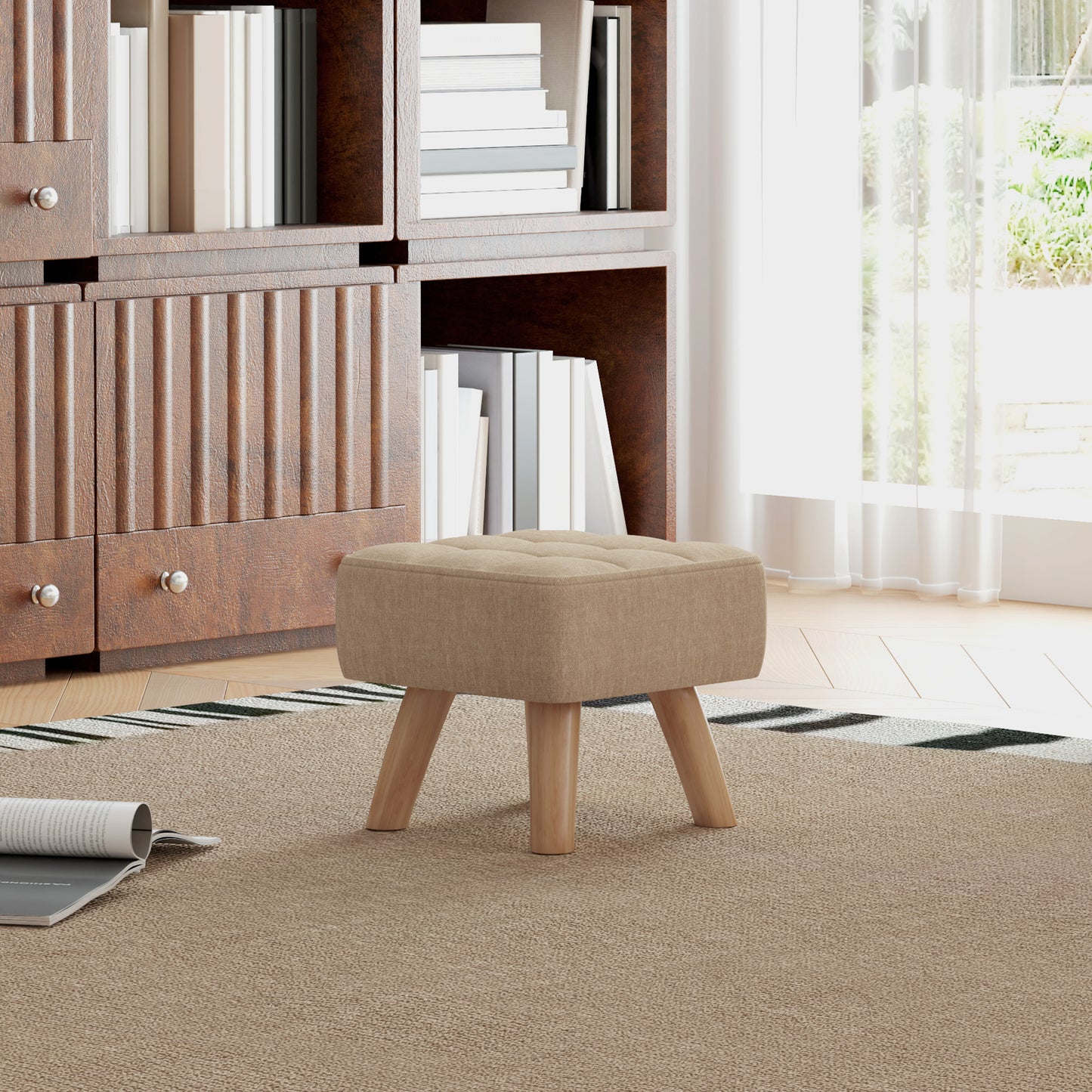 HOMCOM Linen Look Square Padded Footstool Brown With Tufted Top And Wooden Legs For Stability