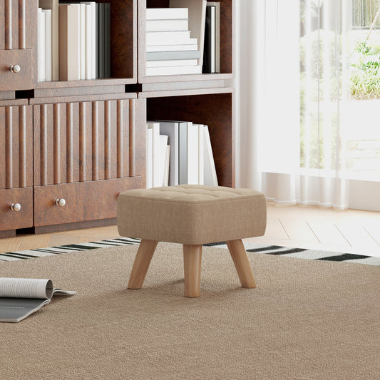 HOMCOM Linen Look Square Padded Footstool Brown With Tufted Top And Wooden Legs For Stability
