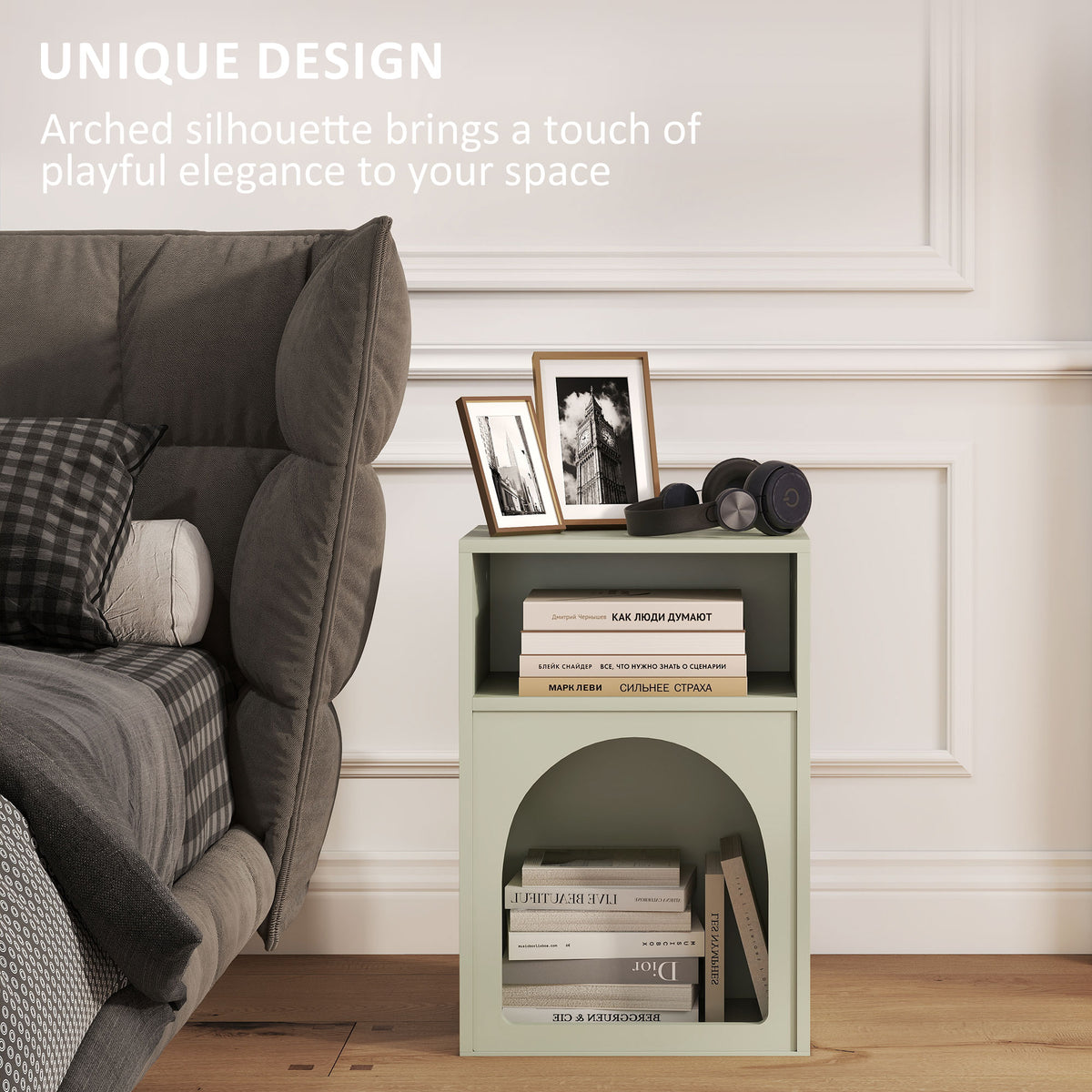 Green bedside table set with open shelves and arched front compartment, two-piece.