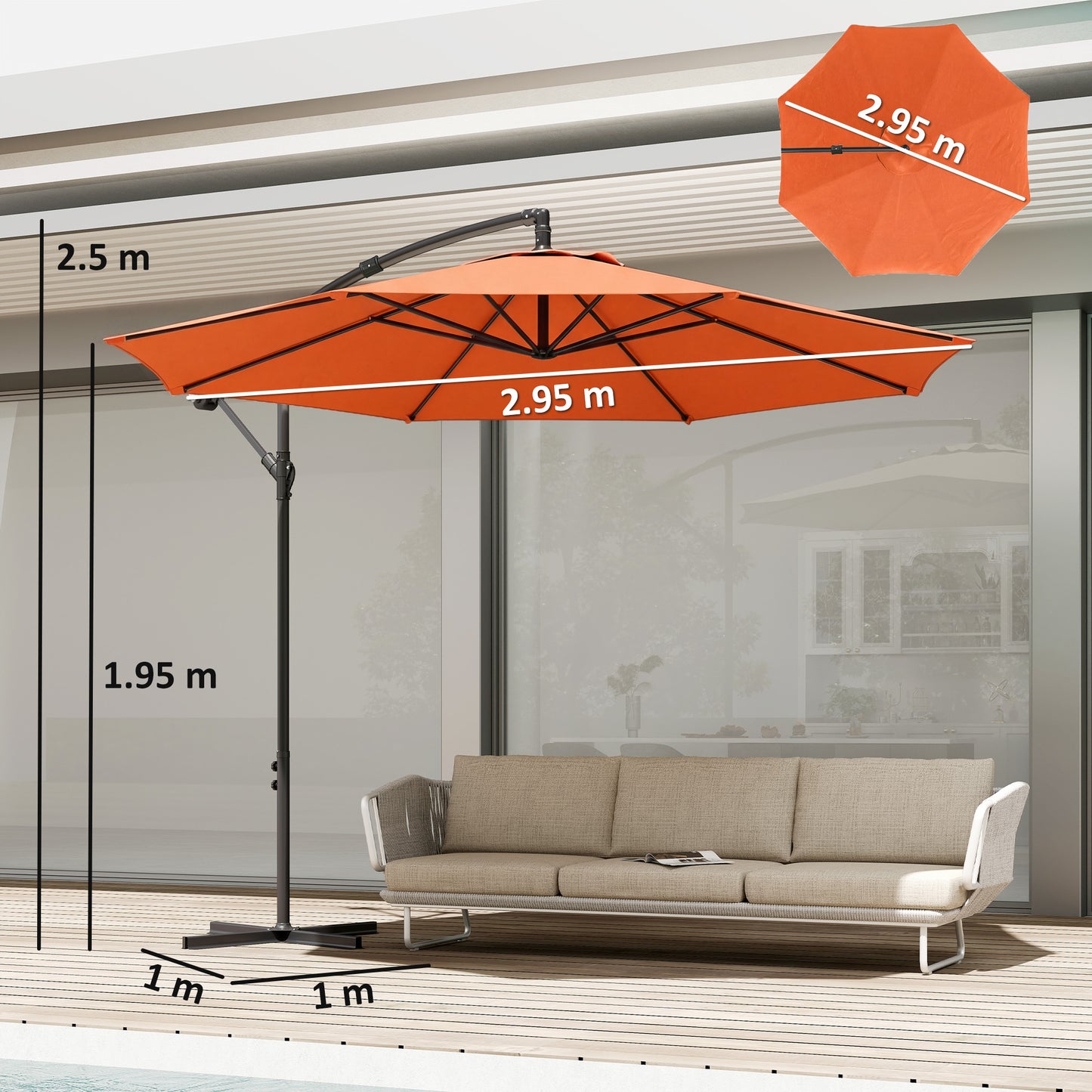 Outsunny 3m Overhanging Cantilever Parasol With Cross Base Orange UV Resistant Polyester Umbrella