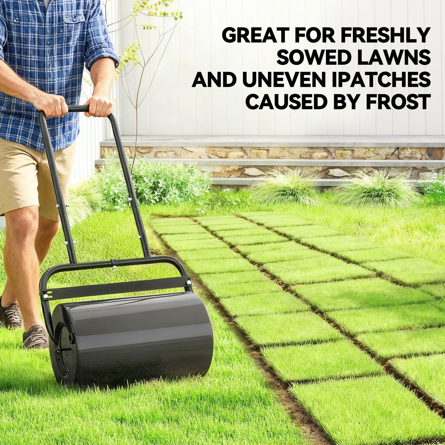 Outsunny 38L Fillable Cylinder Steel Lawn Roller Black for Flattening Lawns and Seedbeds