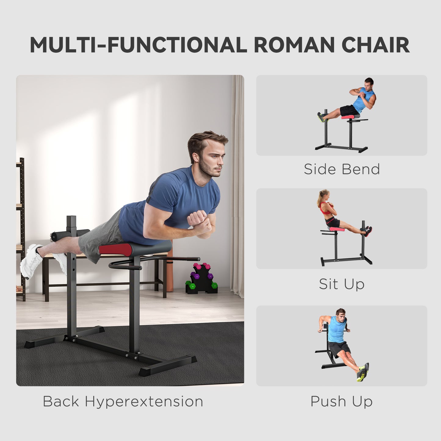 SPORTNOW Adjustable Hyperextension Roman Chair for Core Strength Training with Leg Rollers - ALL4U RETAILER LTD