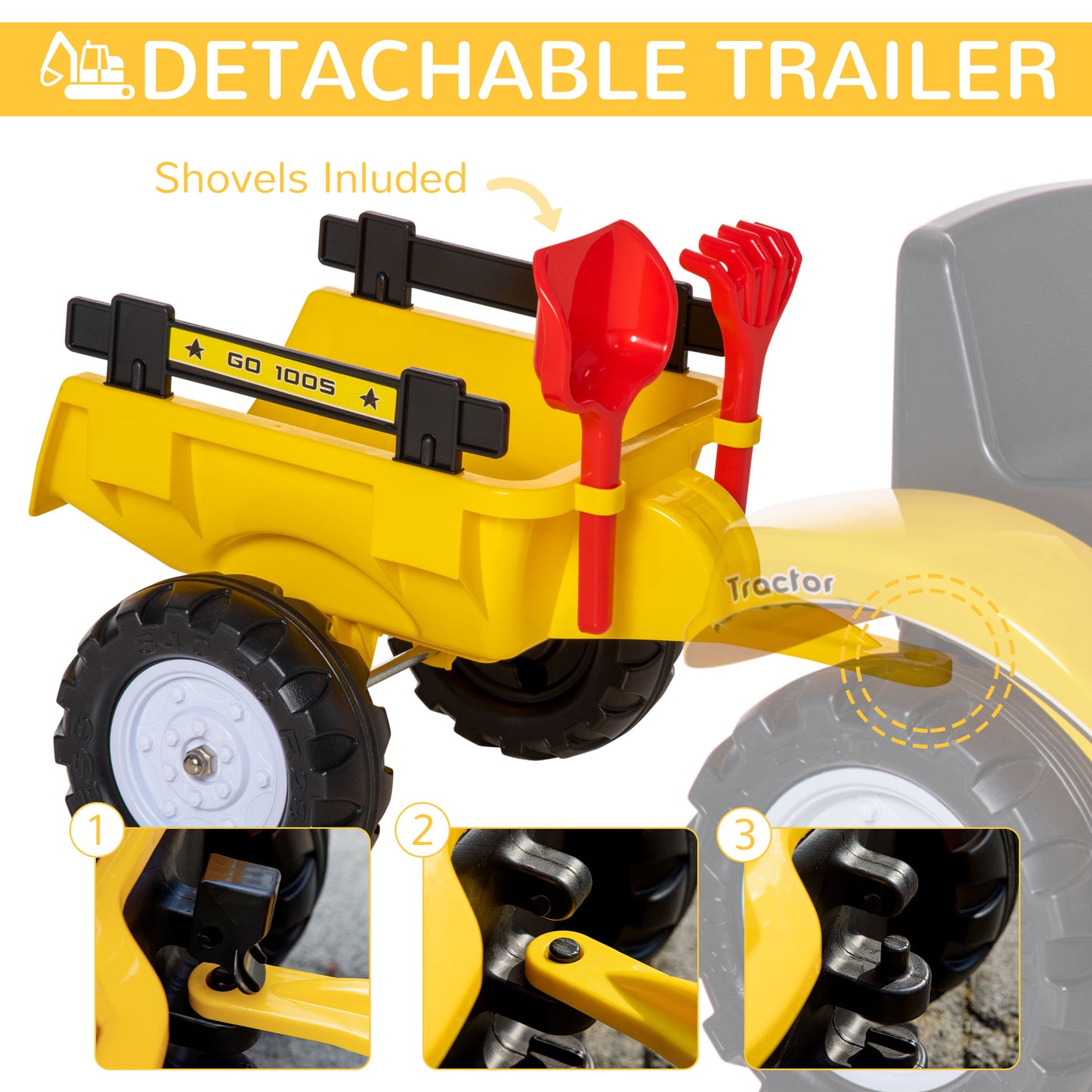 AIYAPLAY Kids Construction-Themed Ride-On Pedal Digger with Horn and Removable Trailer in Yellow - ALL4U RETAILER LTD