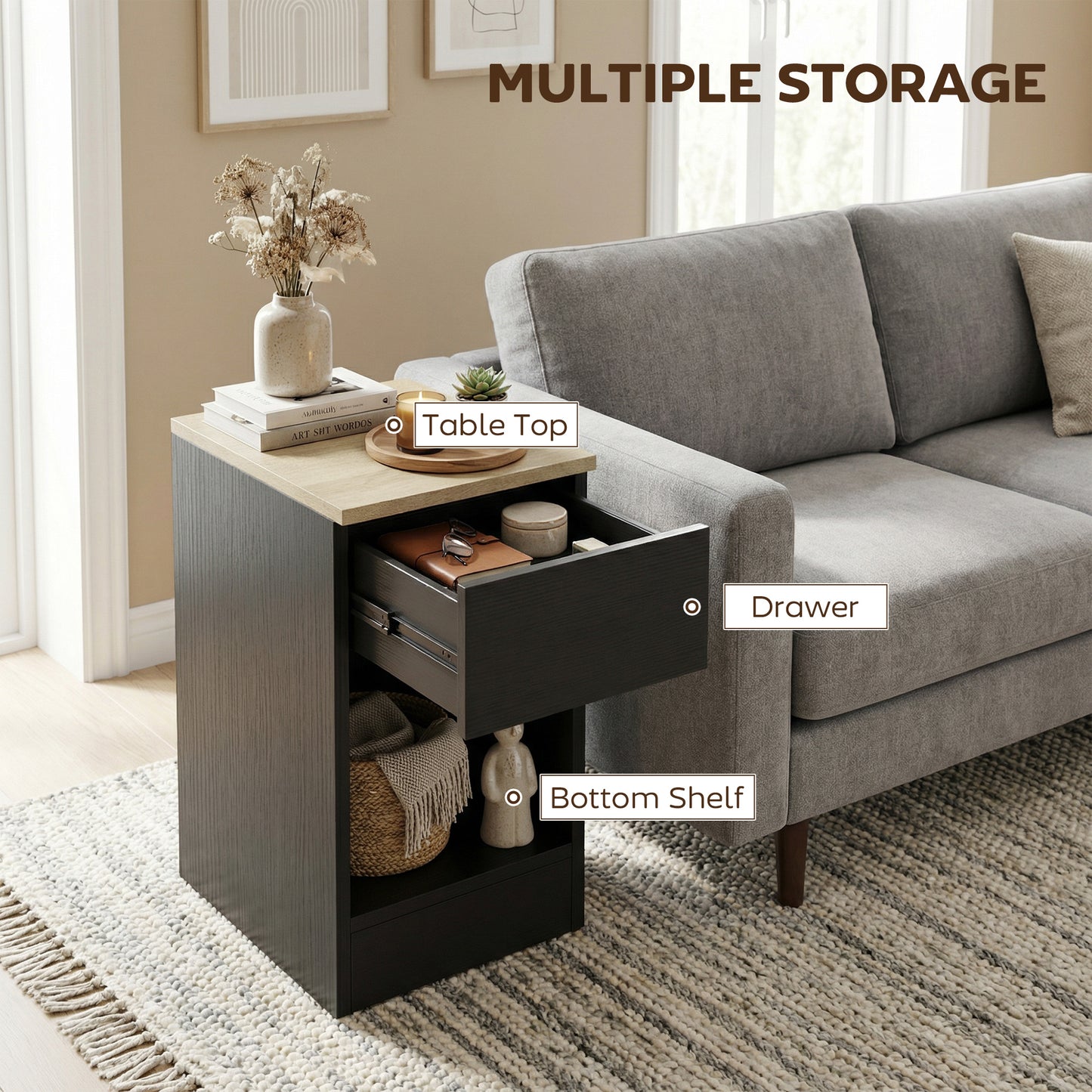 HOMCOM Set Of Two Modern Black Storage Bedside Tables With Wood Effect Tops For Small Spaces