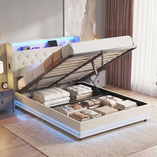Cream double bed frame with tufted headboard, hydraulic lift storage, and LED light strip