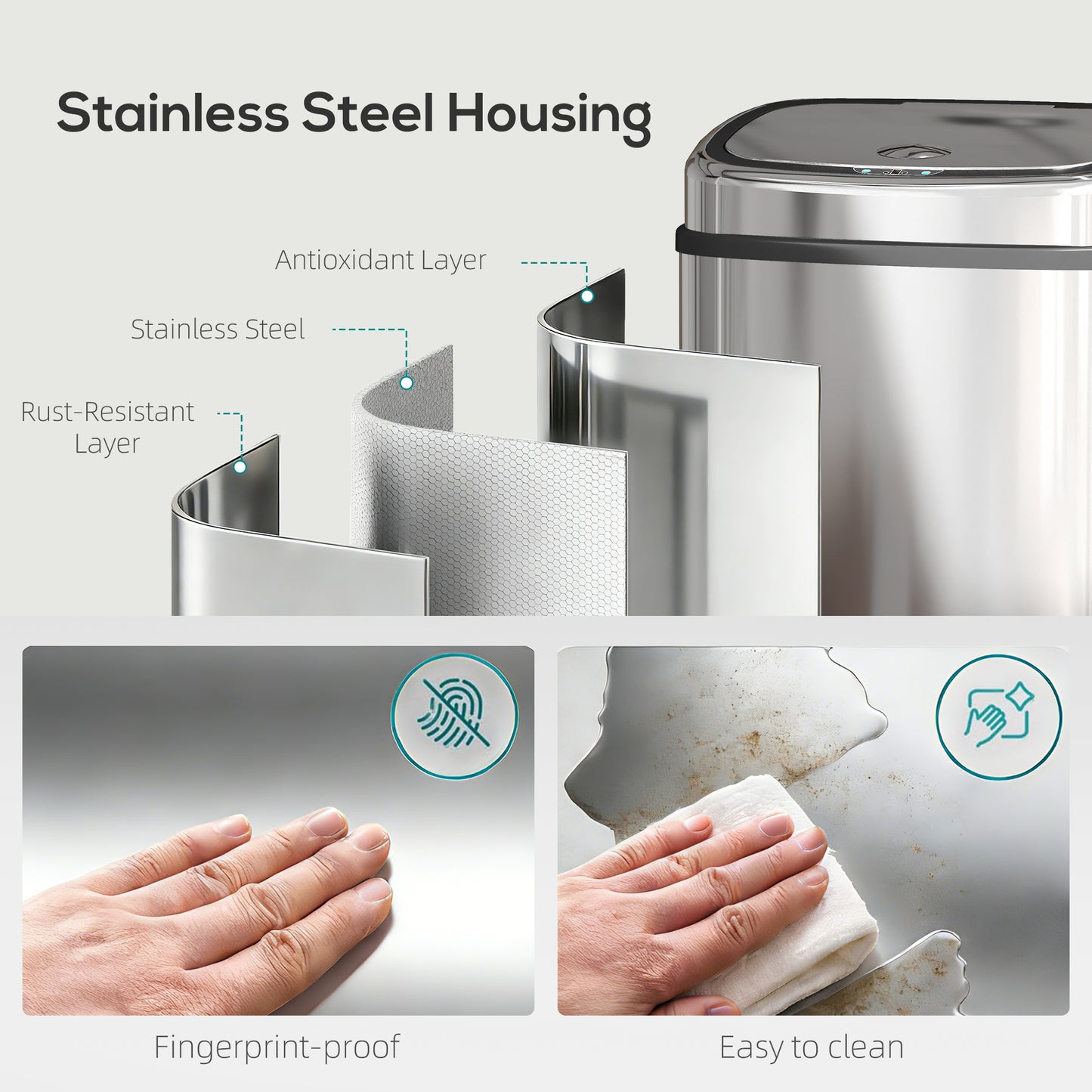 HOMCOM 50L Stainless Steel Sensor Bin Hands Free Lid Silver Tone Smart Kitchen Bin