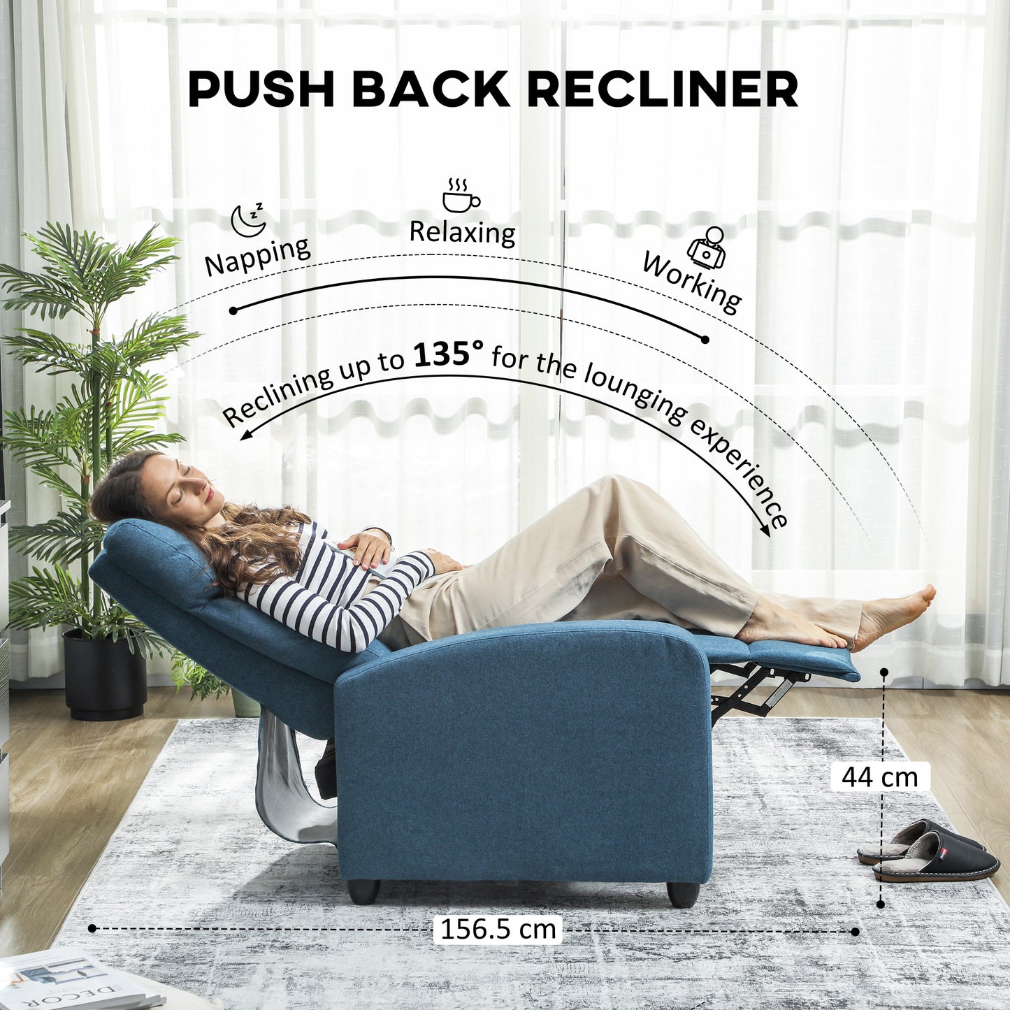 HOMCOM 135 Degree Push Back Recliner Armchair With Footrest In Blue Linen Upholstery