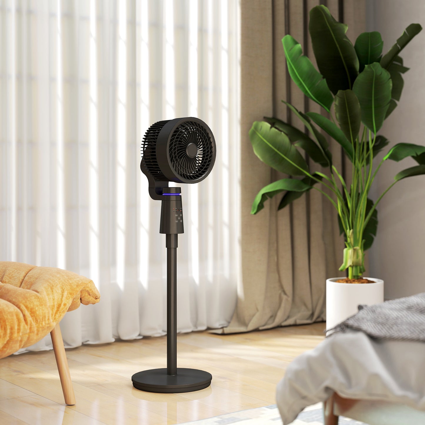 HOMCOM Pedestal Air Circulation Fan For Bedroom With Oscillating Three Speeds Light Off Black