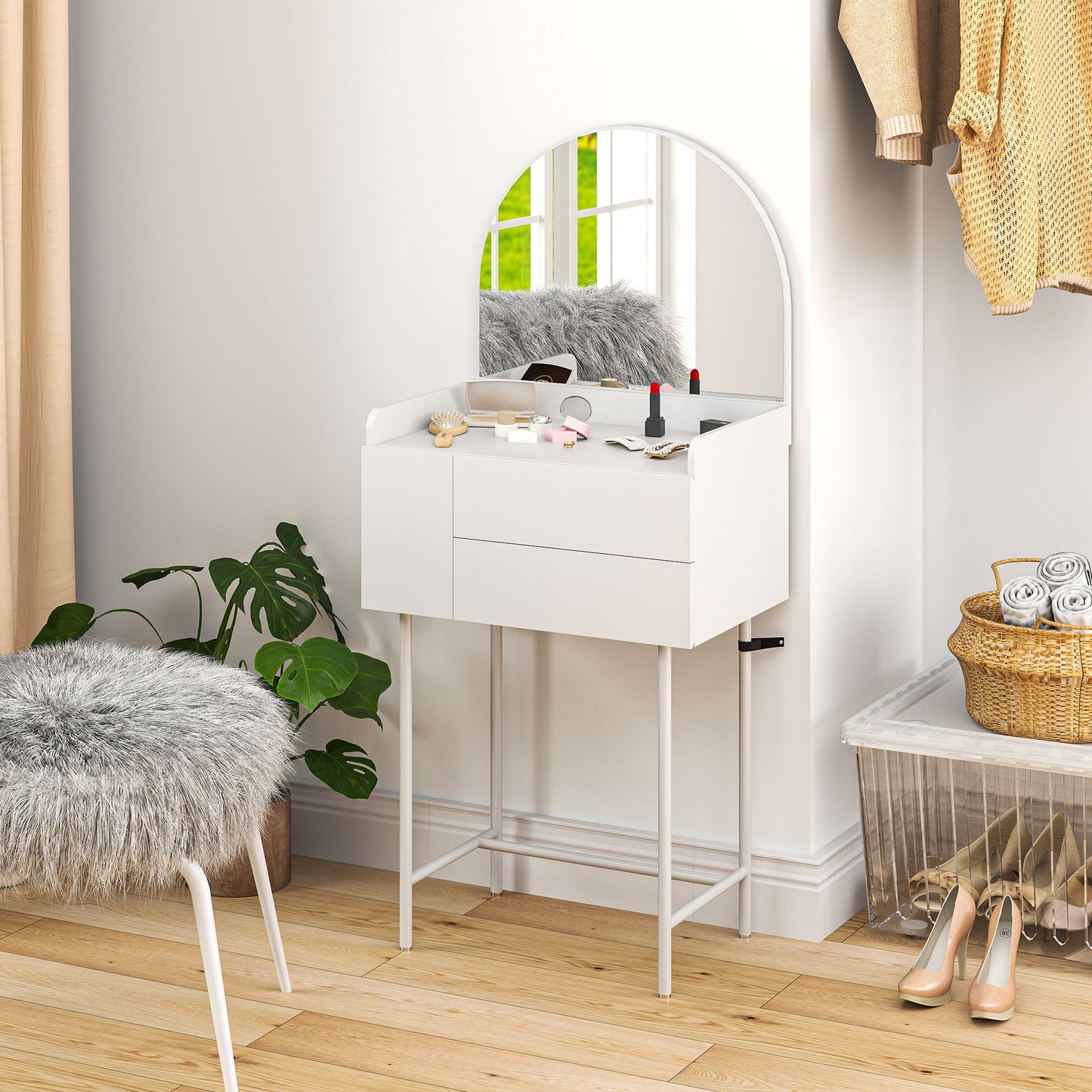 HOMCOM Three Drawer Compact Dressing Table White Vanity Desk With Large Arch Mirror