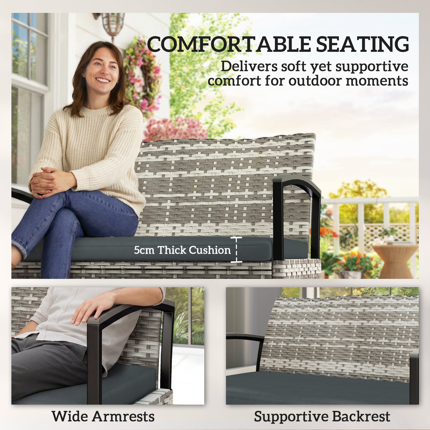 Outsunny 125L Garden Storage Bench 2 Seater PE Rattan Outdoor Storage Box With Padded Cushion Dark Grey