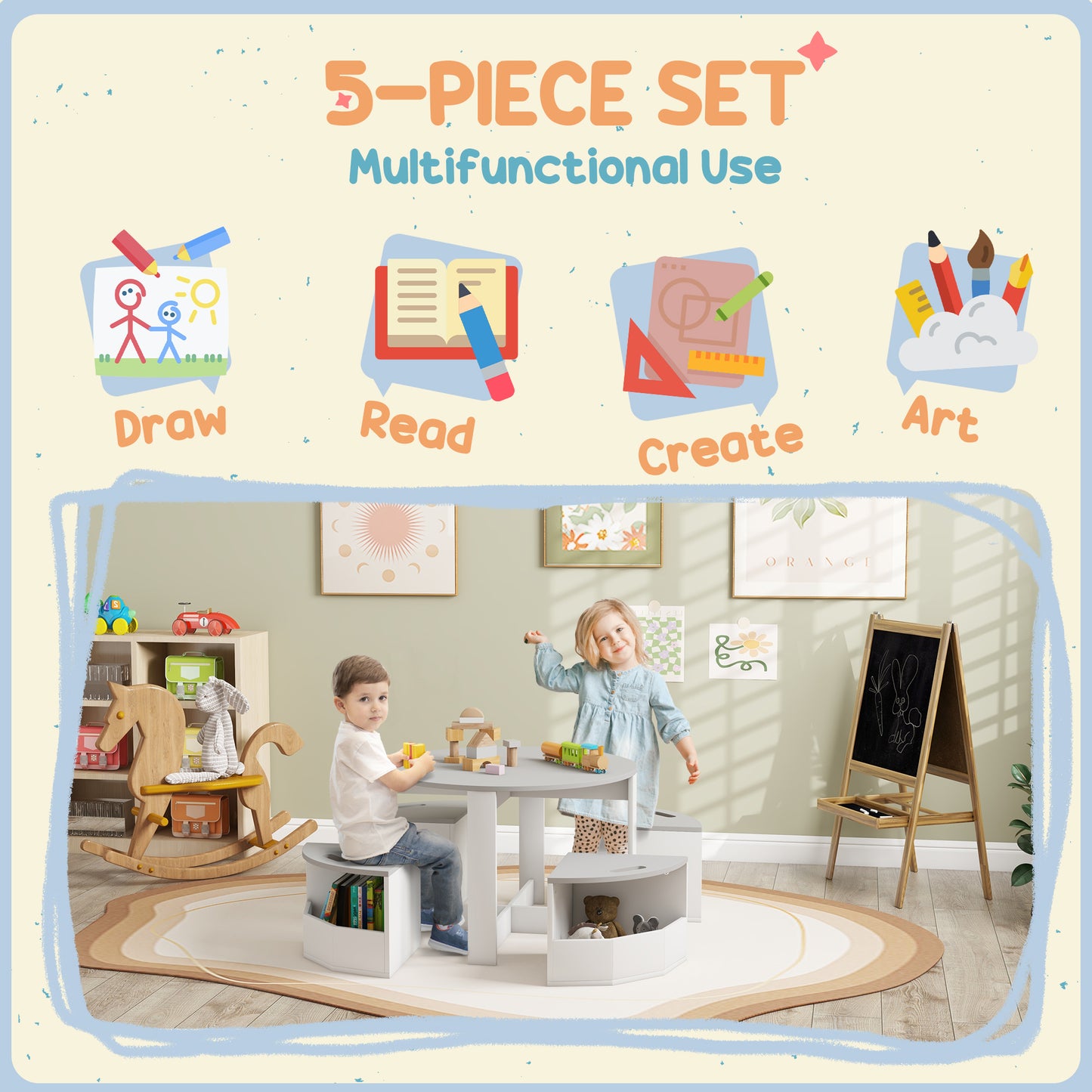AIYAPLAY Five Piece Kids Table And Chairs Set With Storage For Ages 3 To 8 In Grey Space Saving Design