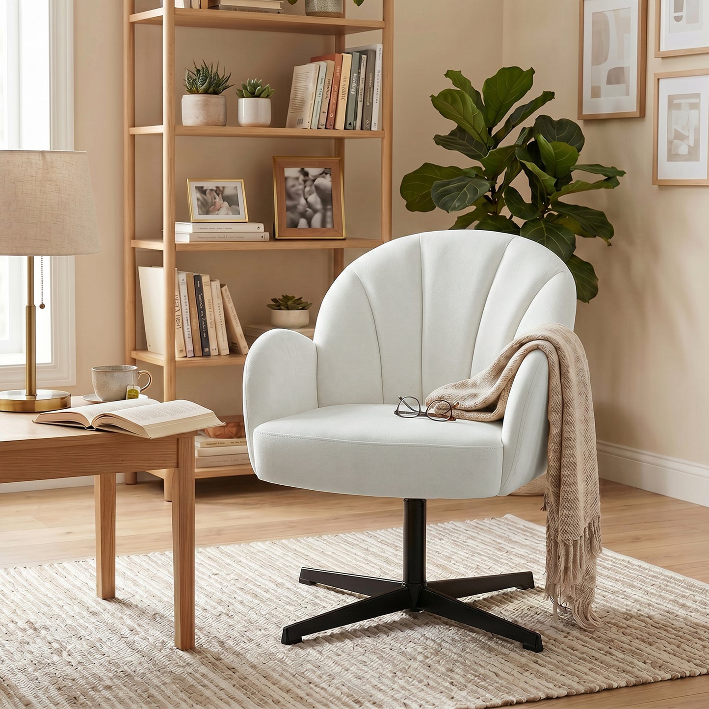 HOMCOM Swivel Accent Chair Shell Shaped Armchair With Spring Cushion And Metal Base Cream White