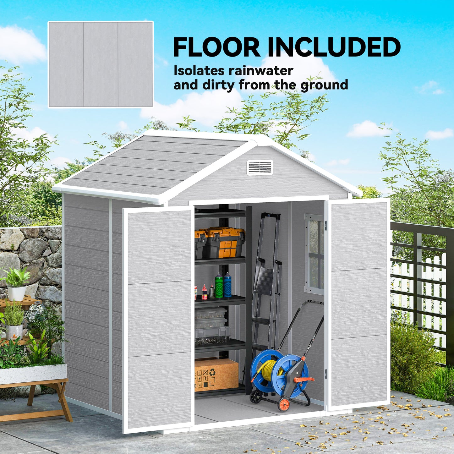 Outsunny 6 x 5ft Plastic Garden Shed With Floor Window Lockable Doors Vents Wood Effect Resin Tool Shed Light Grey