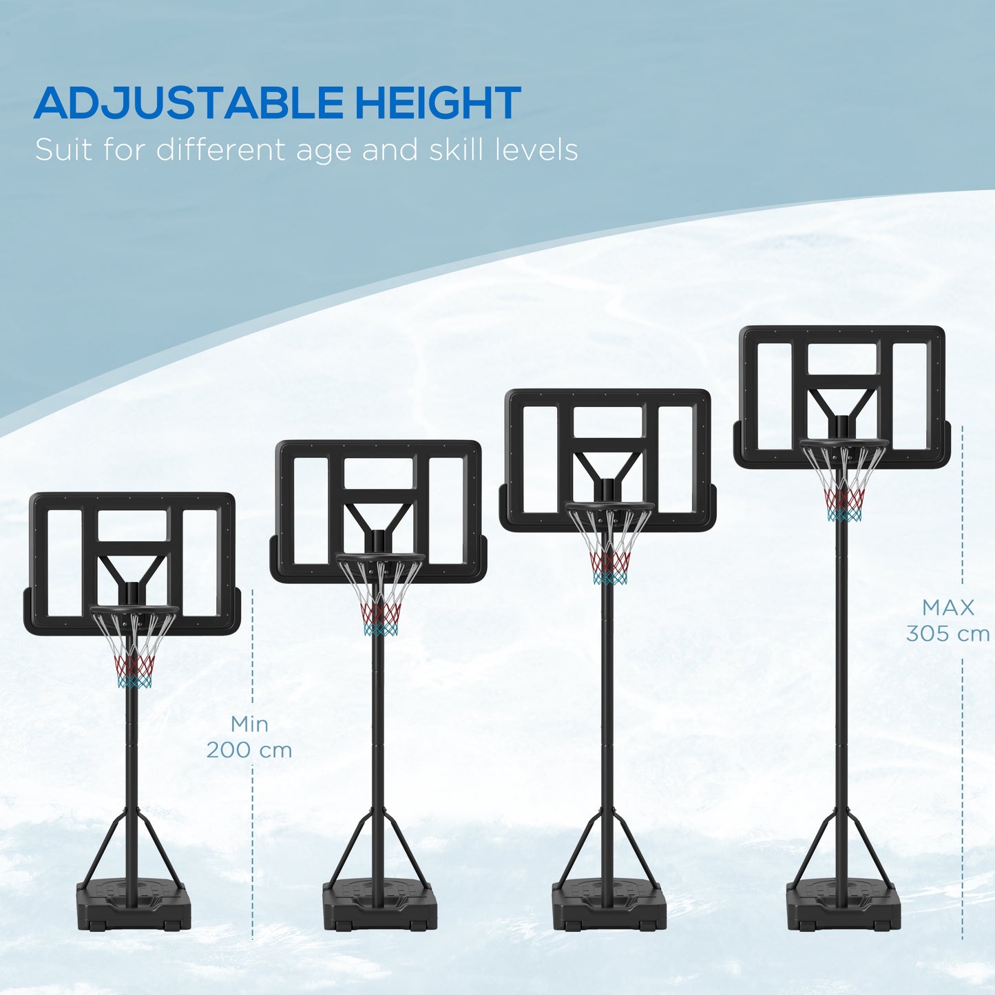 SPORTNOW Adjustable Freestanding Basketball Hoop System with Wheels - 200-305cm Height Range, Black