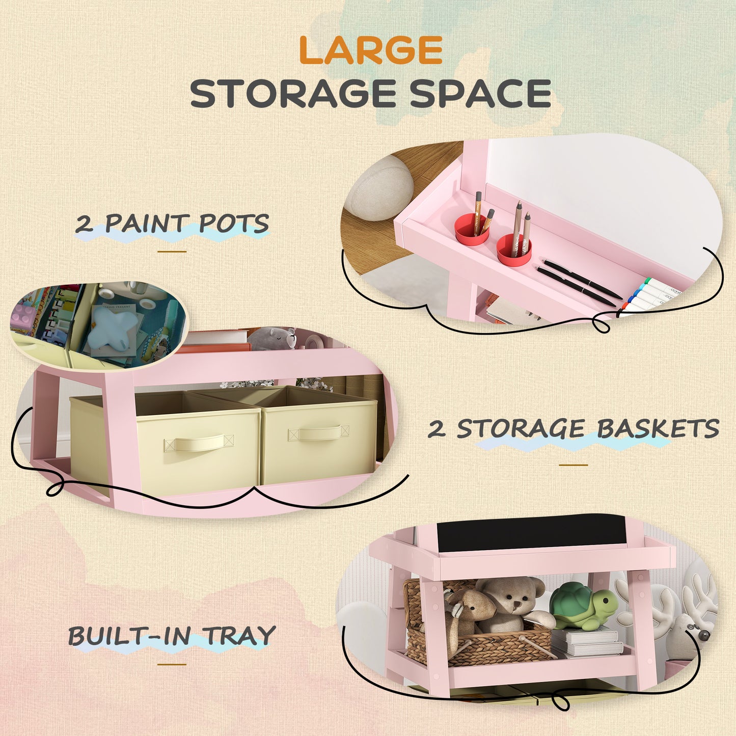 AIYAPLAY 3 In 1 Kids Easel Double Sided Magnetic Whiteboard And Chalkboard With Paper Roll And Storage Baskets Pink