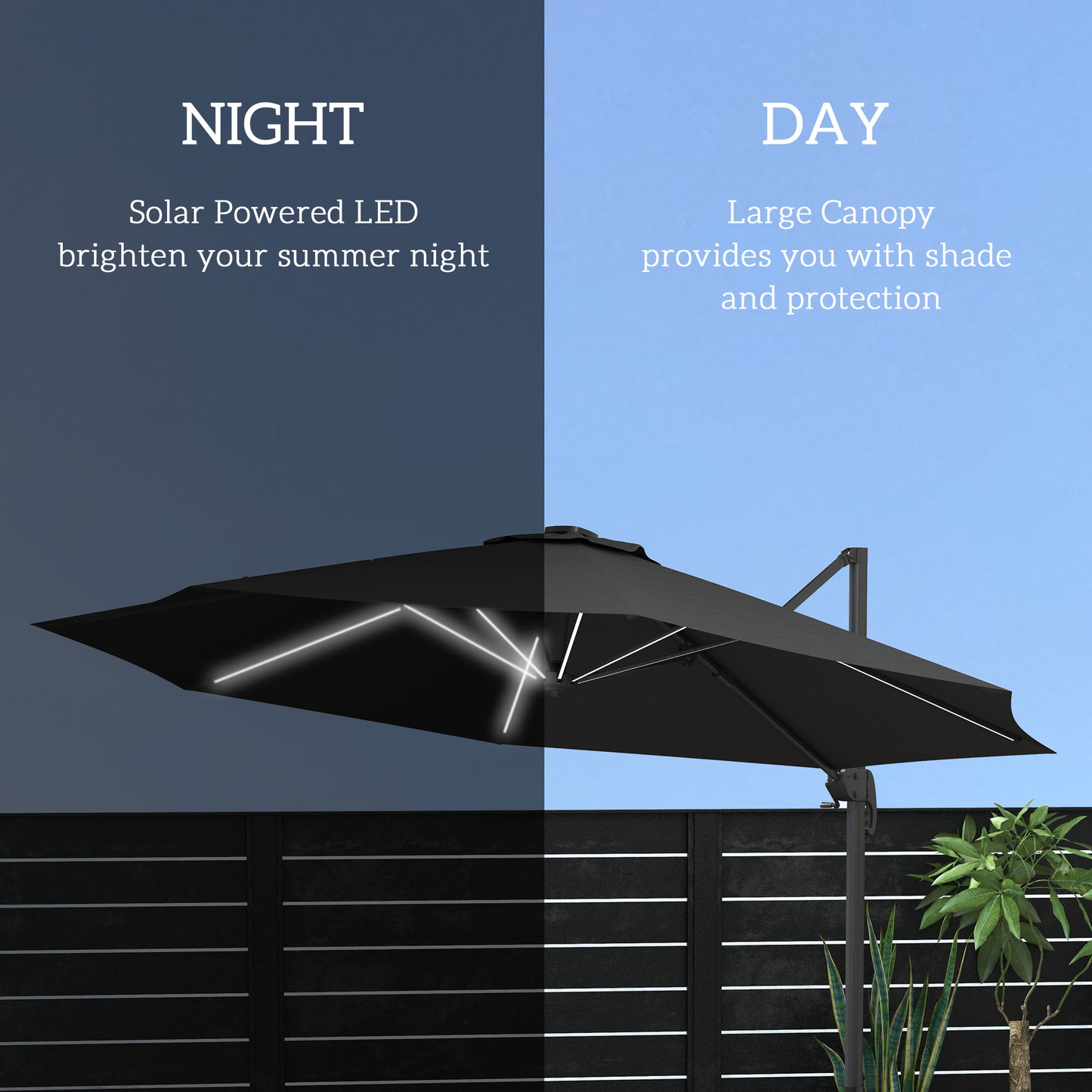 Outsunny Solar-Powered 3m Adjustable Cantilever Umbrella with Base and LED Lights, Dark Grey - ALL4U RETAILER LTD