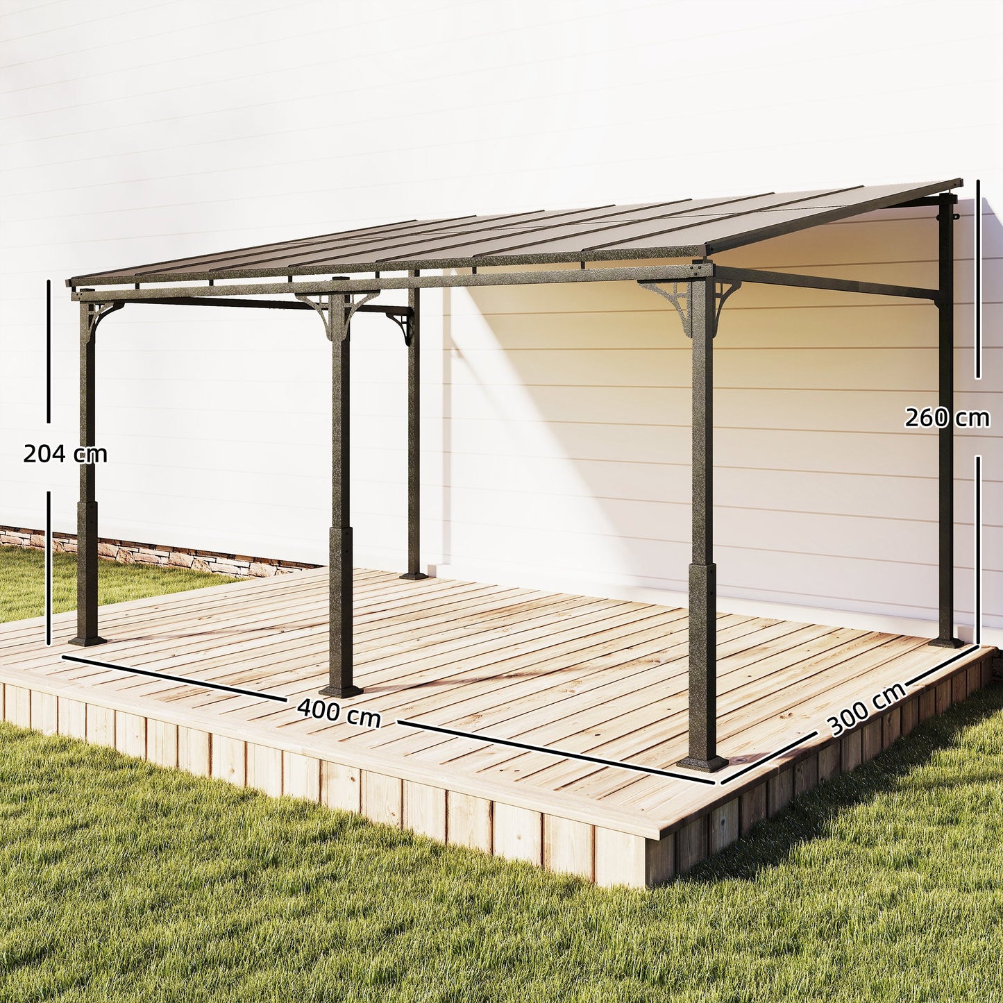 Outsunny 4 x 3 m Metal Lean To Pergola With Polycarbonate Roof Wall Mounted Garden Gazebo Brown