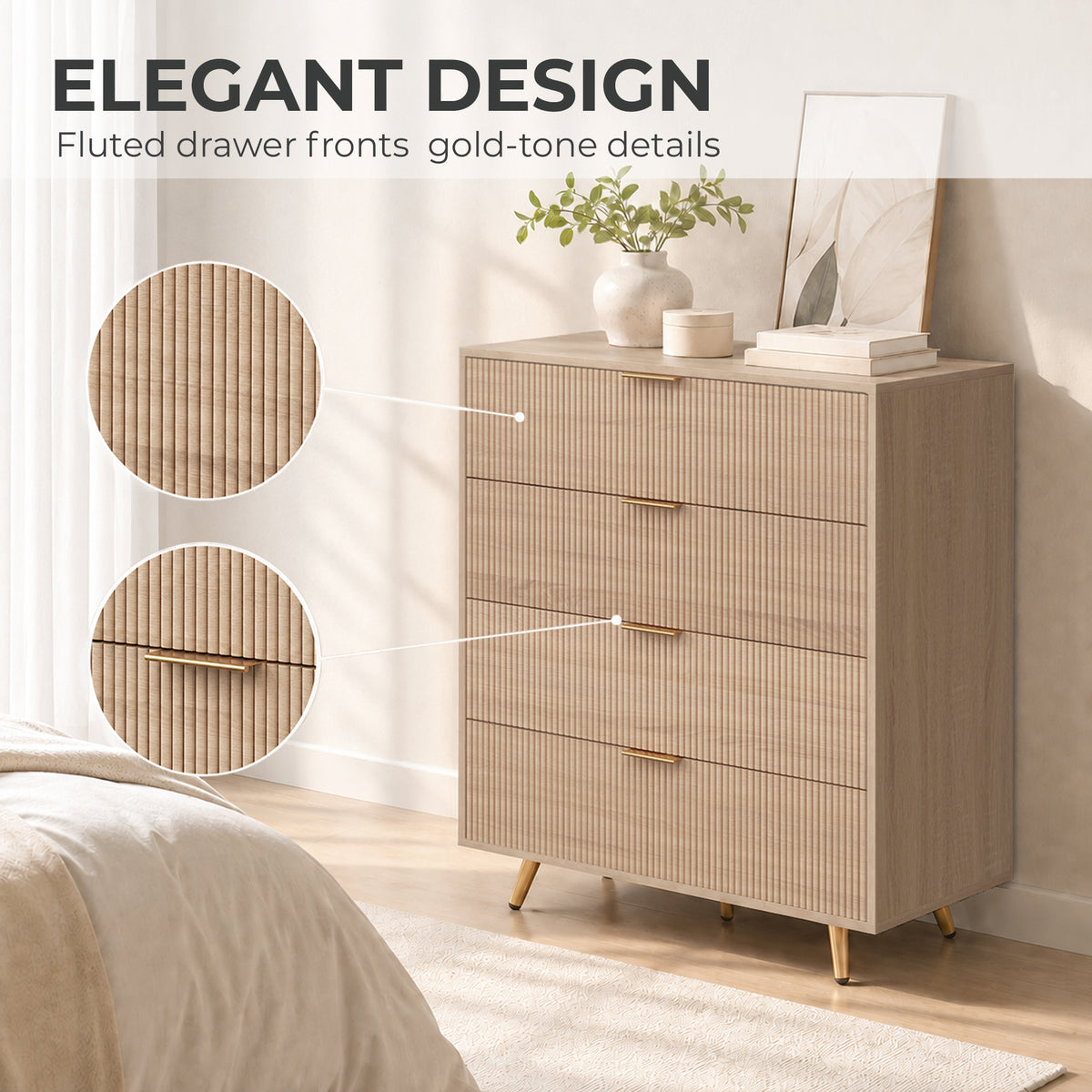Homcom Bedroom Chest Of Drawers With 4 Drawers Gold Handles Fluted Dresser