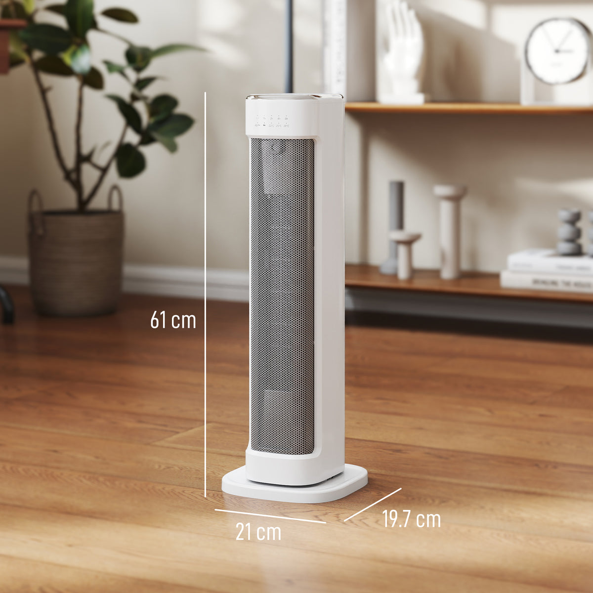 White ceramic tower heater standing 61 cm tall with wide base on wood floor