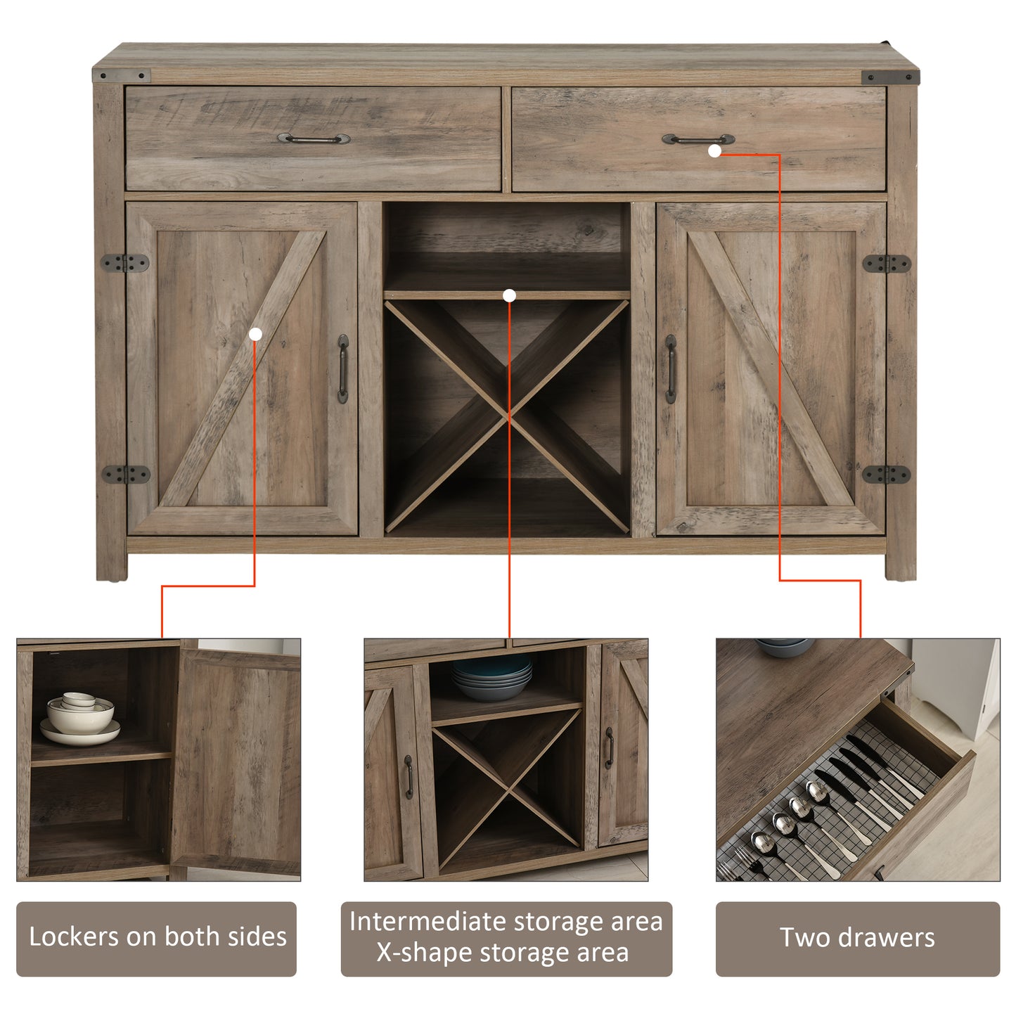 HOMCOM Rustic Freestanding Side Cabinet with Multi-Storage and Bronze Handles - 2 Drawers & Cupboards, 140L x 39W x 58H cm - ALL4U RETAILER LTD