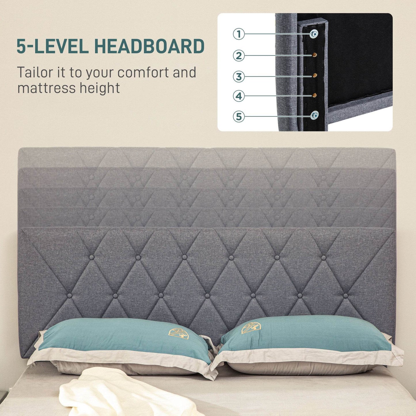 HOMCOM Adjustable King Size Upholstered Bed Frame with Padded Headboard - Grey - ALL4U RETAILER LTD