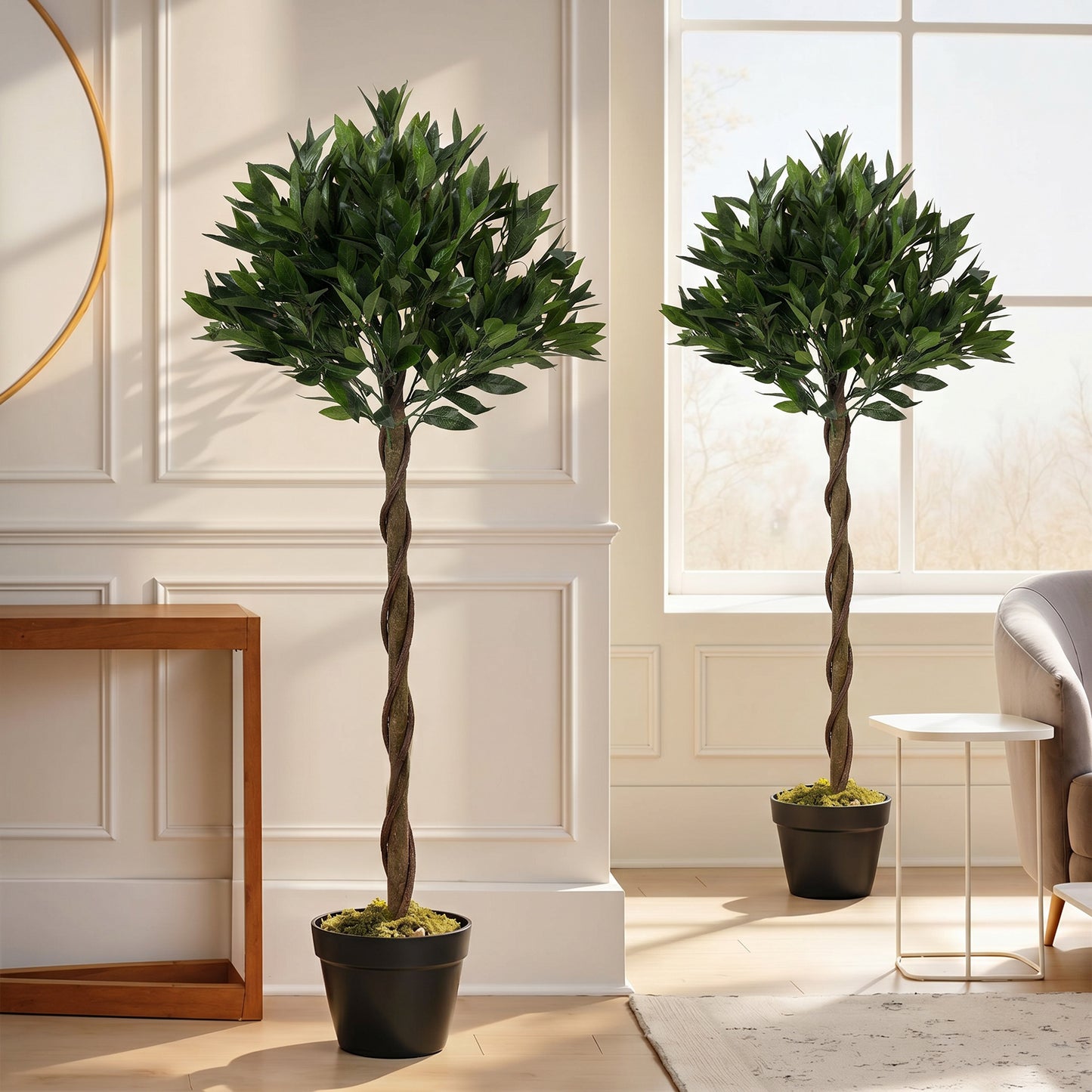 Outsunny Artificial Bay Laurel Topiary Trees Twisted Trunk Set 2 with Weighted Pots Topiary Balls Outdoor