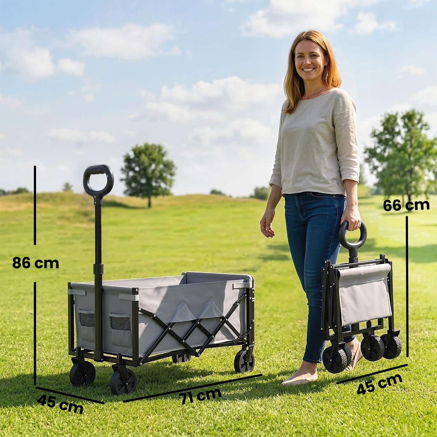 Outsunny 80L Foldable Festival Trolley On Wheels Collapsible Wagon Cart With Drop Down Tailgate Adjustable Handle Grey