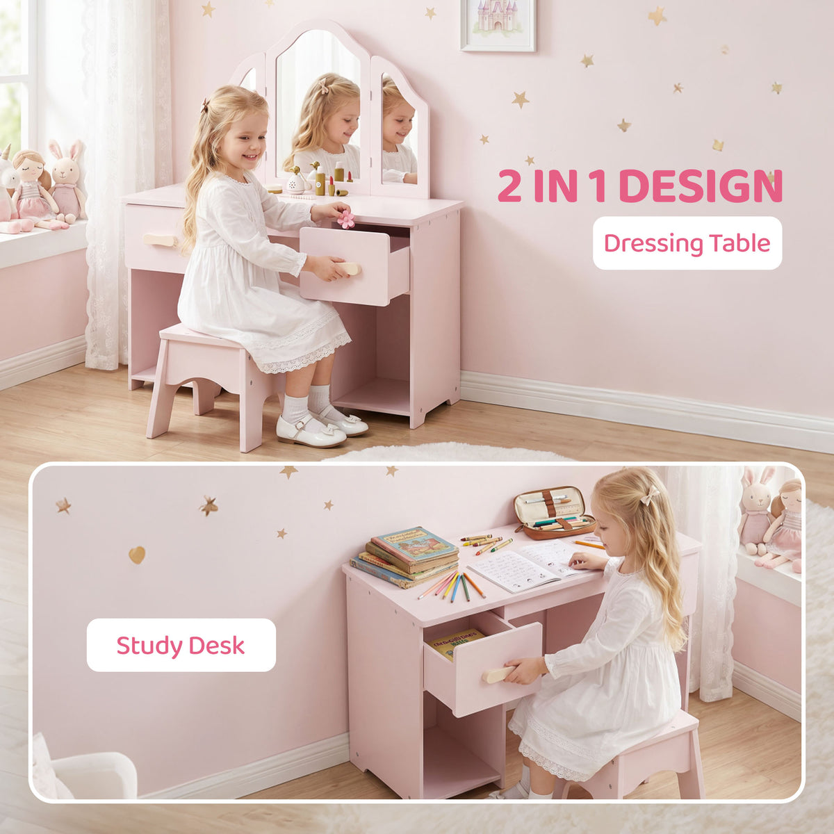 Kids white vanity table with tri-fold mirror and matching chair, plus pull-out desk