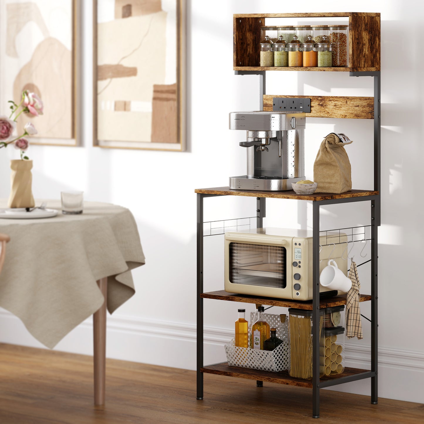 HOMCOM Kitchen Storage Rack With Power Outlet And USB Charger Rustic Brown Bakers Rack For Kitchen Organization