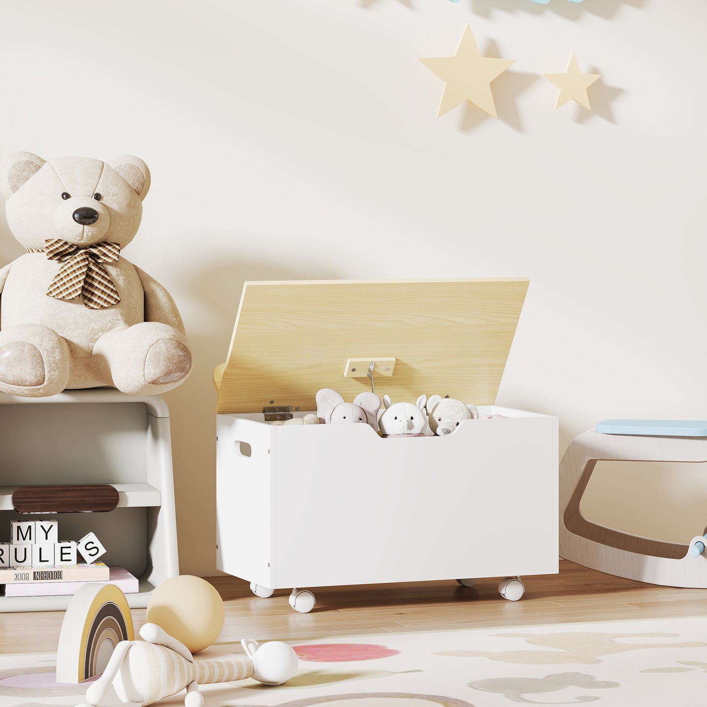Aiyaplay Toy Box With Lid And Wheels Safety Hinges White Toddler Storage Organizer For Playroom And Bedroom