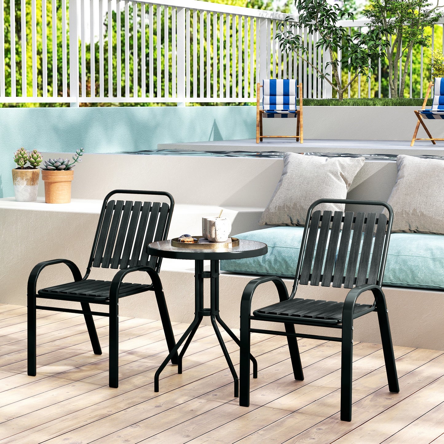 Outsunny 3 Piece Patio Bistro Set With Stackable Chairs And Tempered Glass Table For Balcony Garden Charcoal Grey