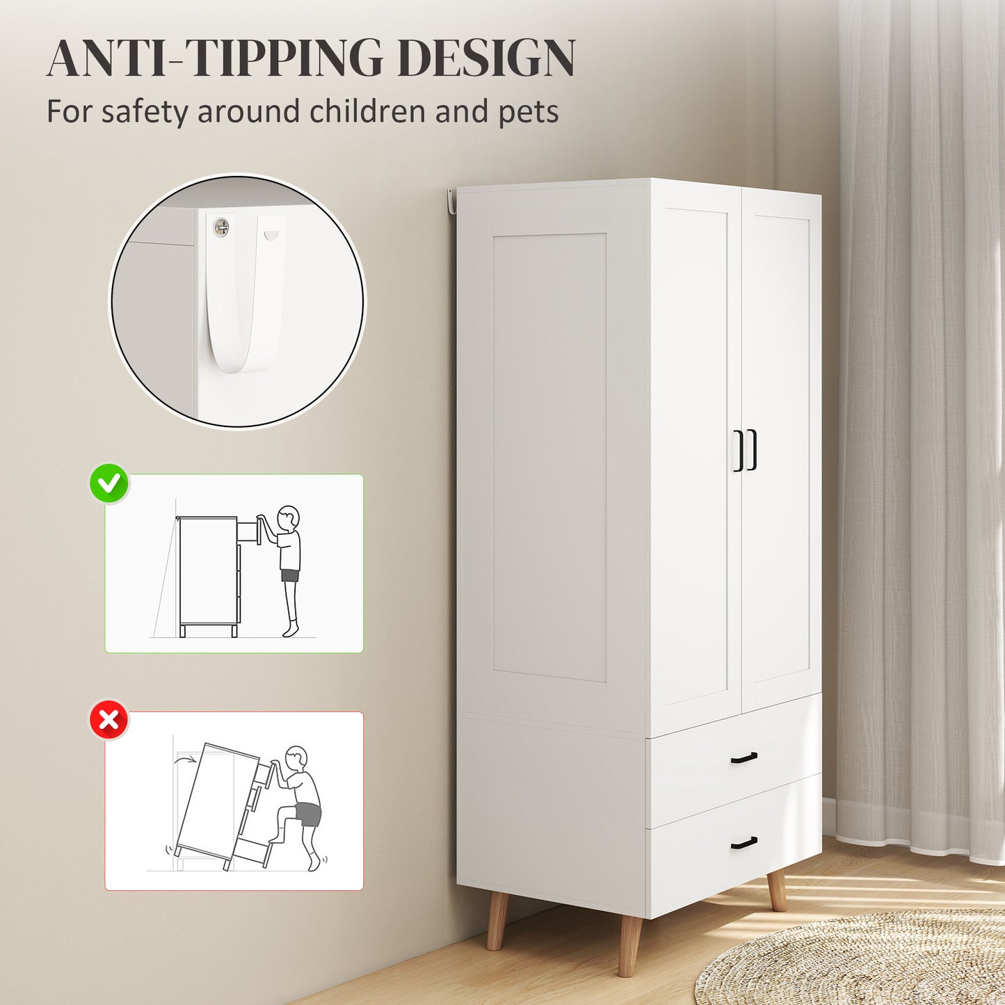 HOMCOM 2 Door Wardrobe With 2 Drawers And Hanging Rail In White For Bedroom Storage