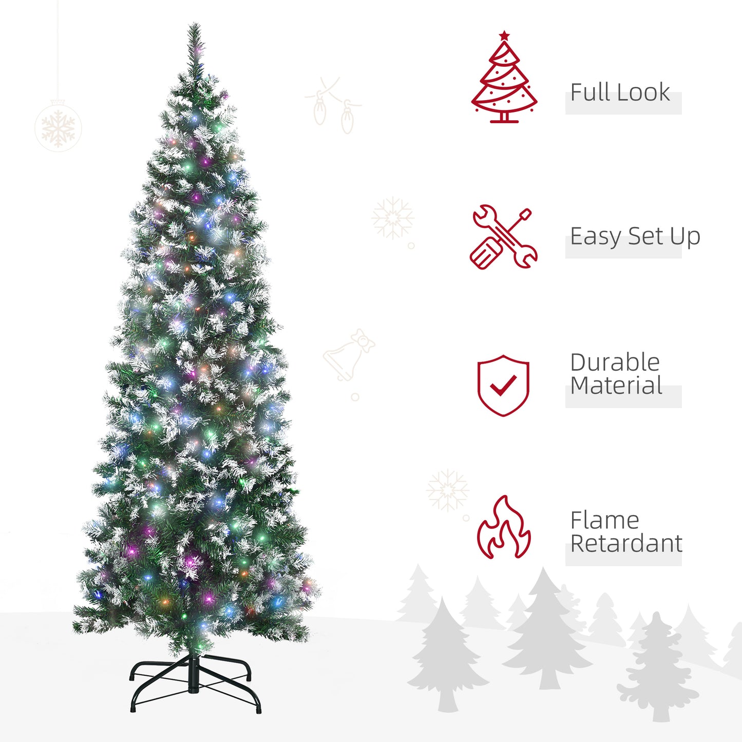 HOMCOM 6' Prelit Slim Christmas Tree with LED Lights and Realistic Branches, Customizable Holiday Decoration, Green - ALL4U RETAILER LTD