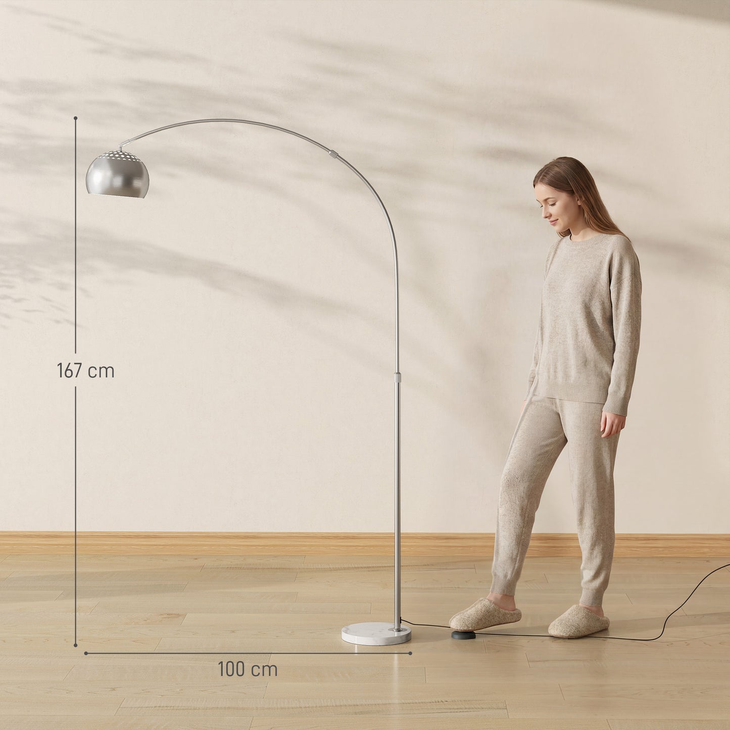 HOMCOM Arc Floor Lamp For Living Room Modern Adjustable Standing Lamp With Faux Black Marble Base Silver Tone