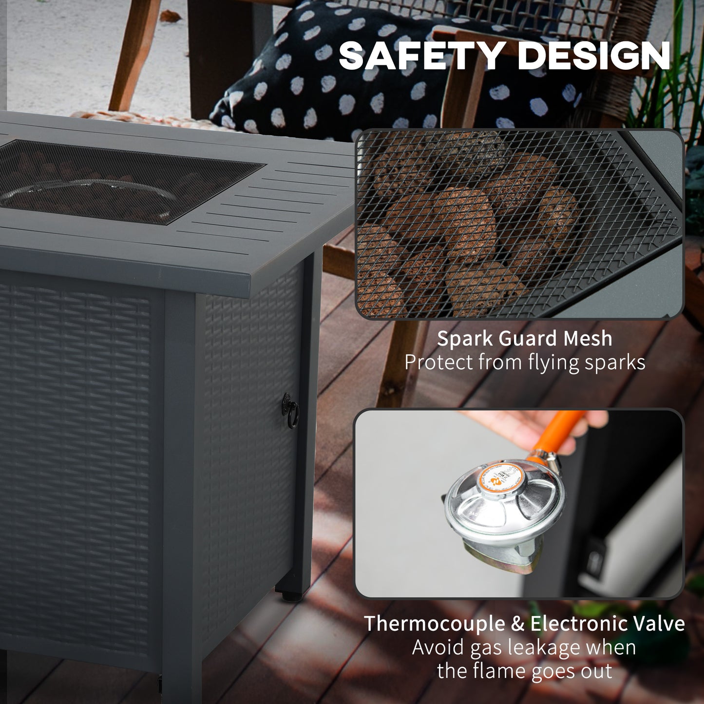 Outsunny Rattan Style Propane Gas Fire Pit Table 40000 BTU Smokeless Square Patio Heater with Thermocouple Lava Rocks
