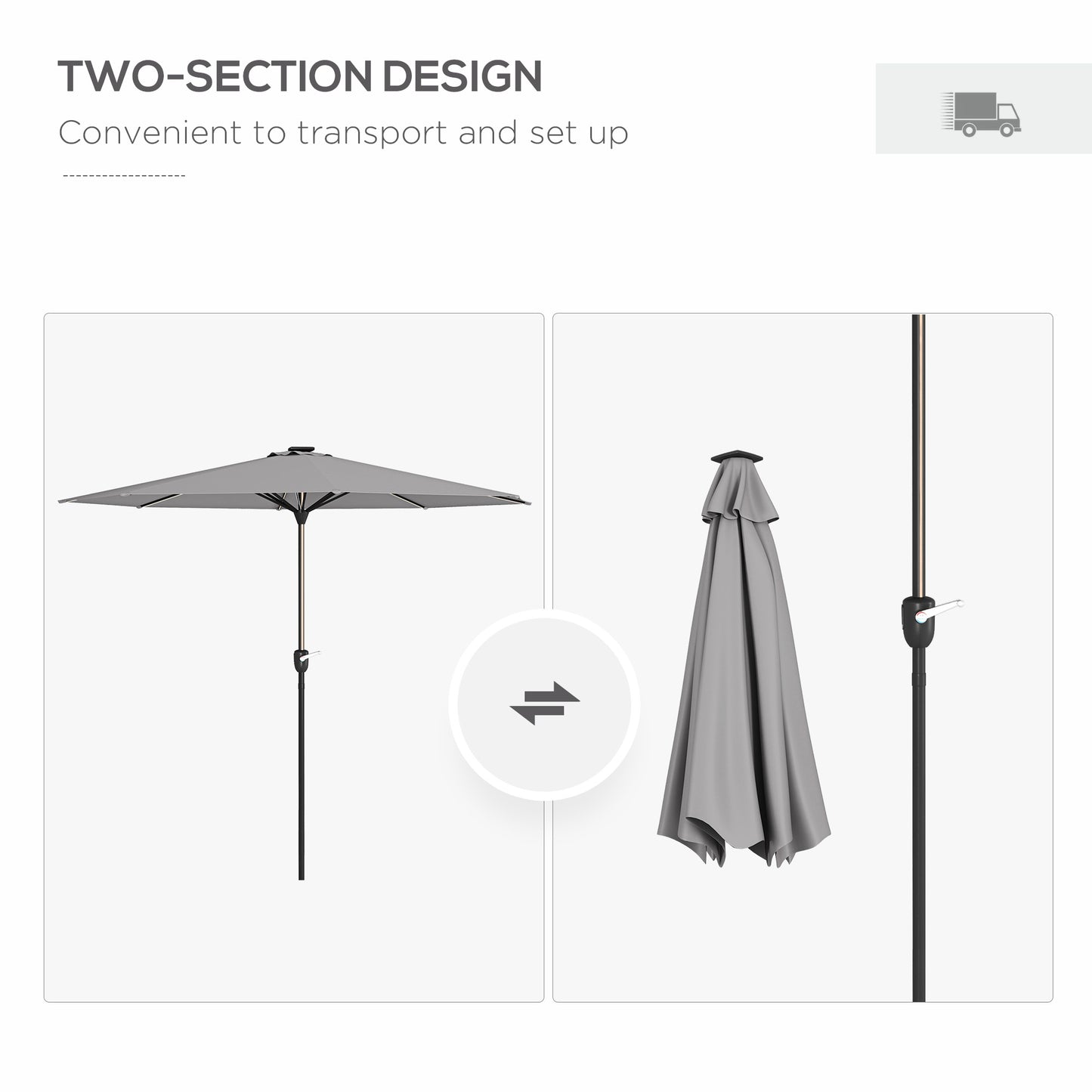 Outsunny Light Grey Solar-Powered LED Patio Umbrella with Crank Handle - ALL4U RETAILER LTD