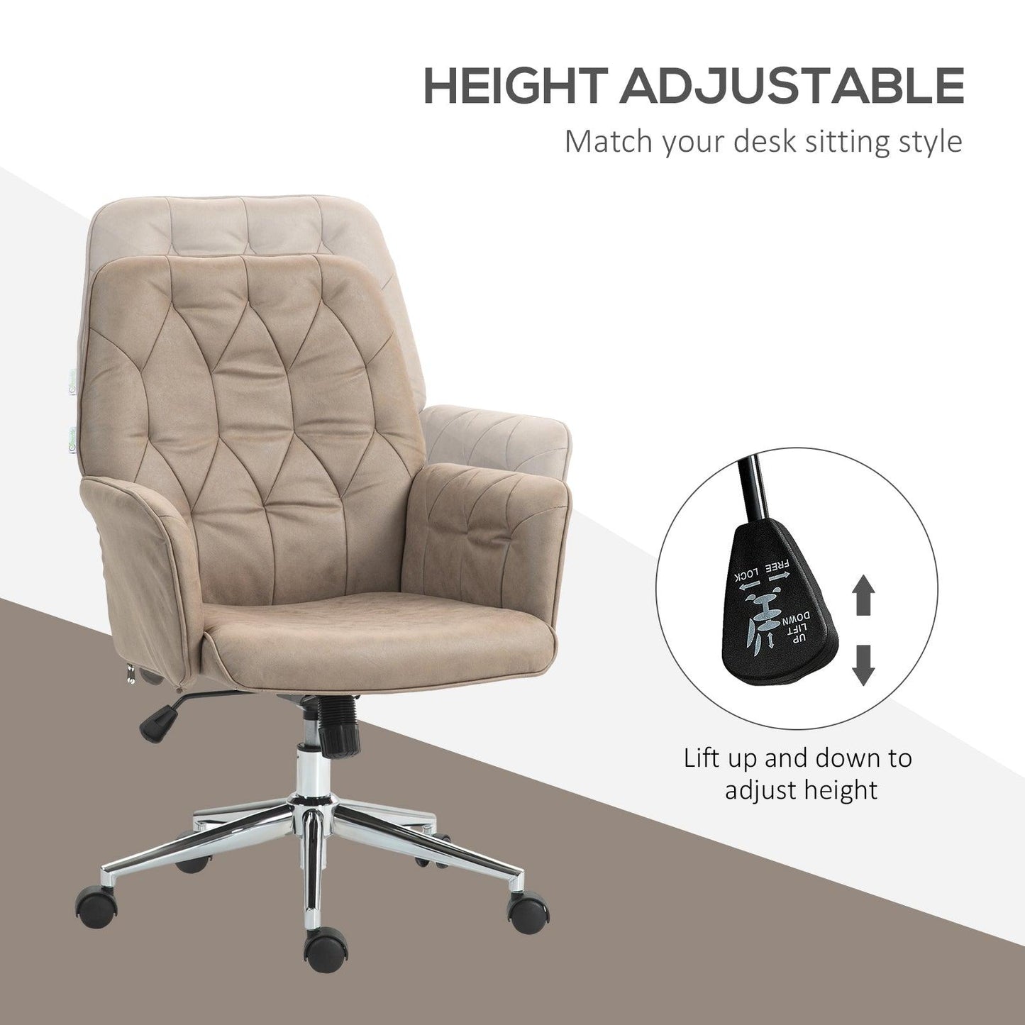 Vinsetto Microfibre Computer Chair with Armrest, Modern Swivel Chair with Adjustable Height, Khaki - ALL4U RETAILER LTD