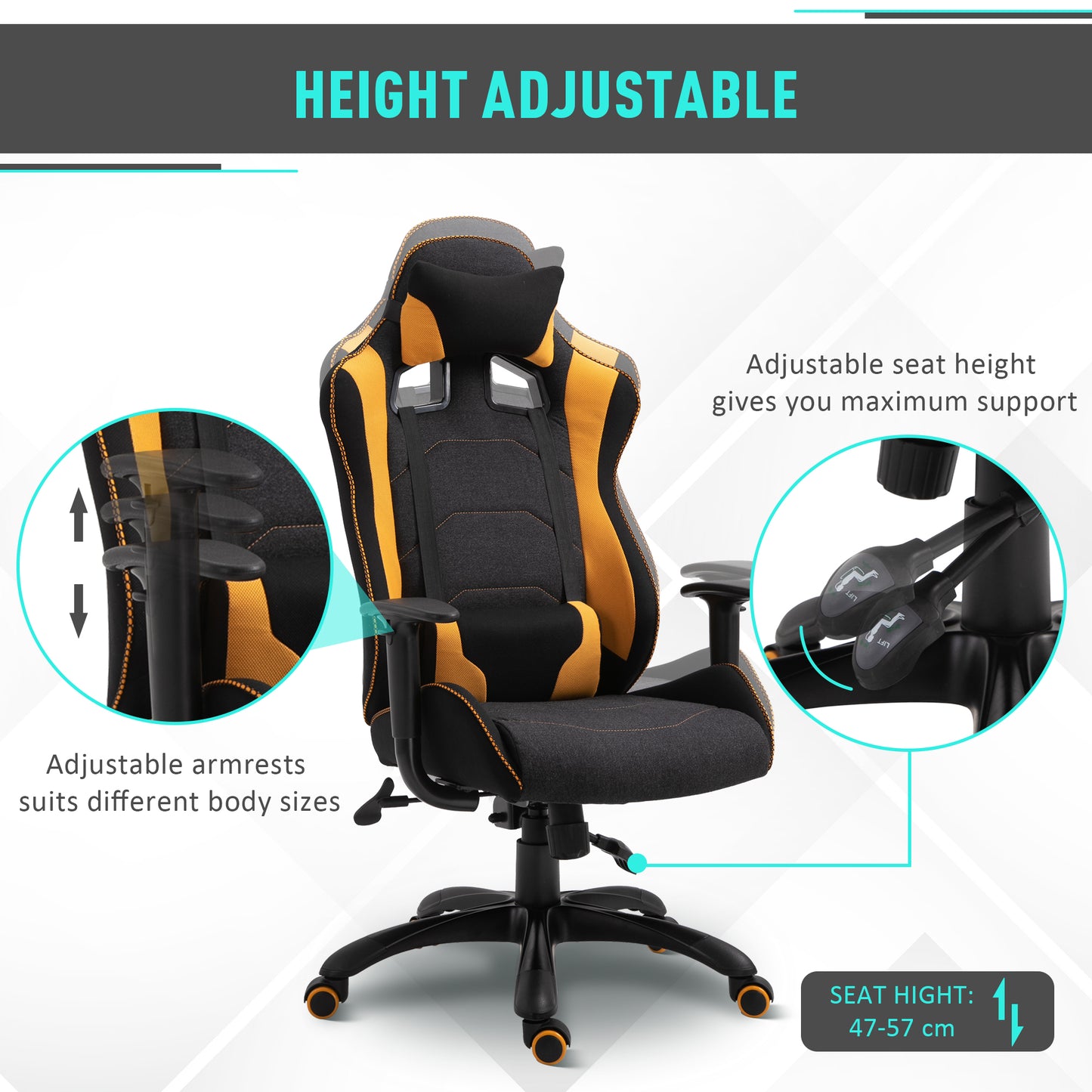 Vinsetto Ergonomic Racing Gaming Chair with Yellow Accents - 360° Swivel, Adjustable Height, Neck & Back Support - ALL4U RETAILER LTD