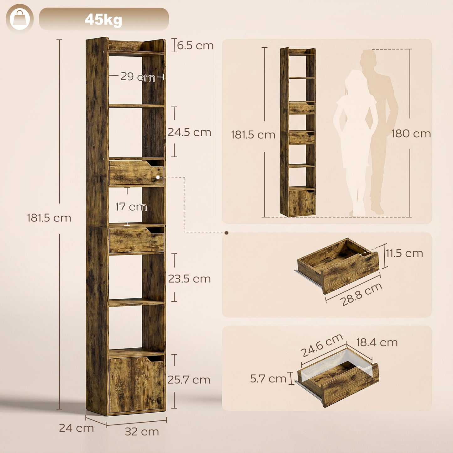 HOMCOM Tall Narrow Bookcase With 5 Tiers Drawers Freestanding Bookshelf Storage Cabinet for Living Room Rustic Brown