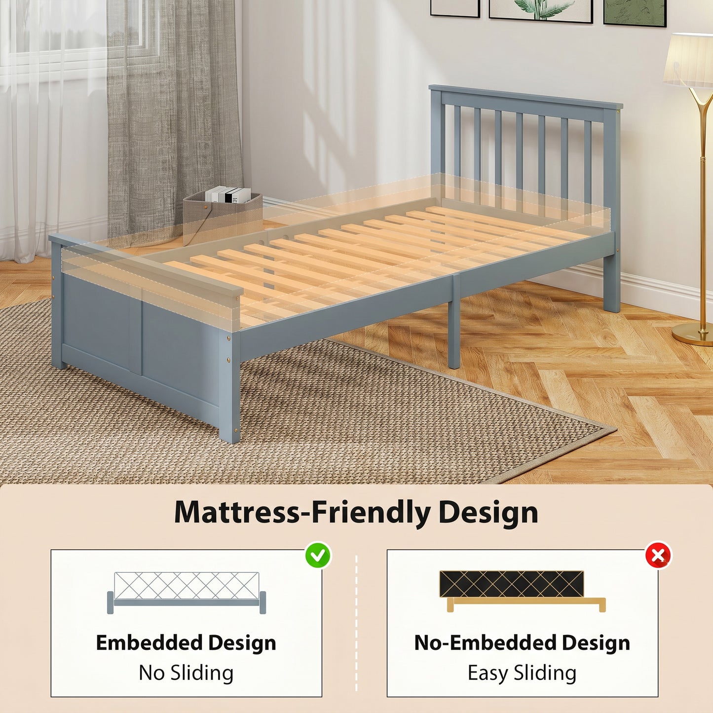 HOMCOM Pine Storage Bed 3ft Single Solid Wooden Bed Frame With Drawers Headboard Wood Slat Support Grey