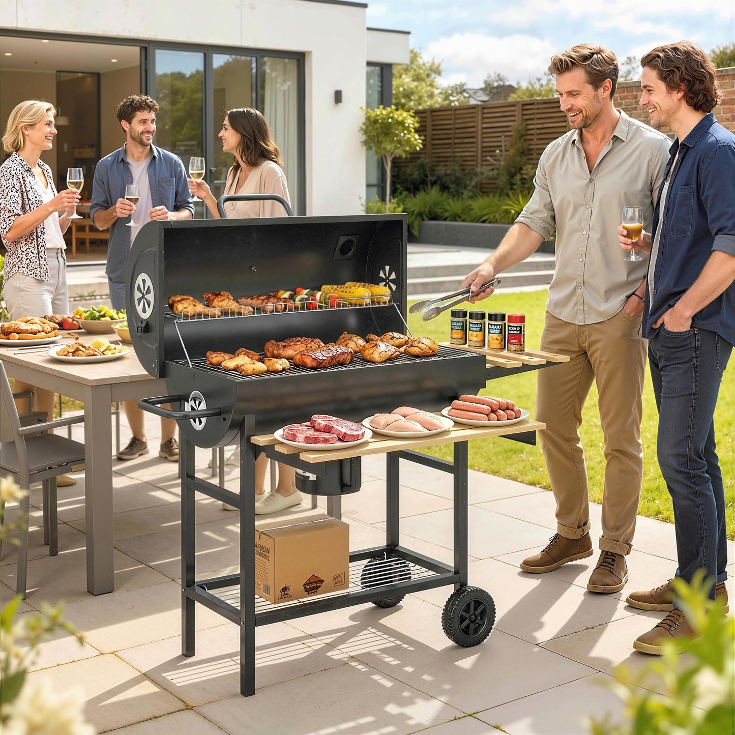 Outsunny Charcoal Grill Barrel BBQ Smoker With Warming Rack And Foldable Shelves Natural Wood And Black