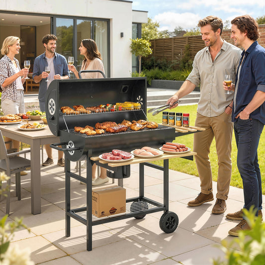 Outsunny Charcoal Grill Barrel BBQ Smoker With Warming Rack And Foldable Shelves Natural Wood And Black