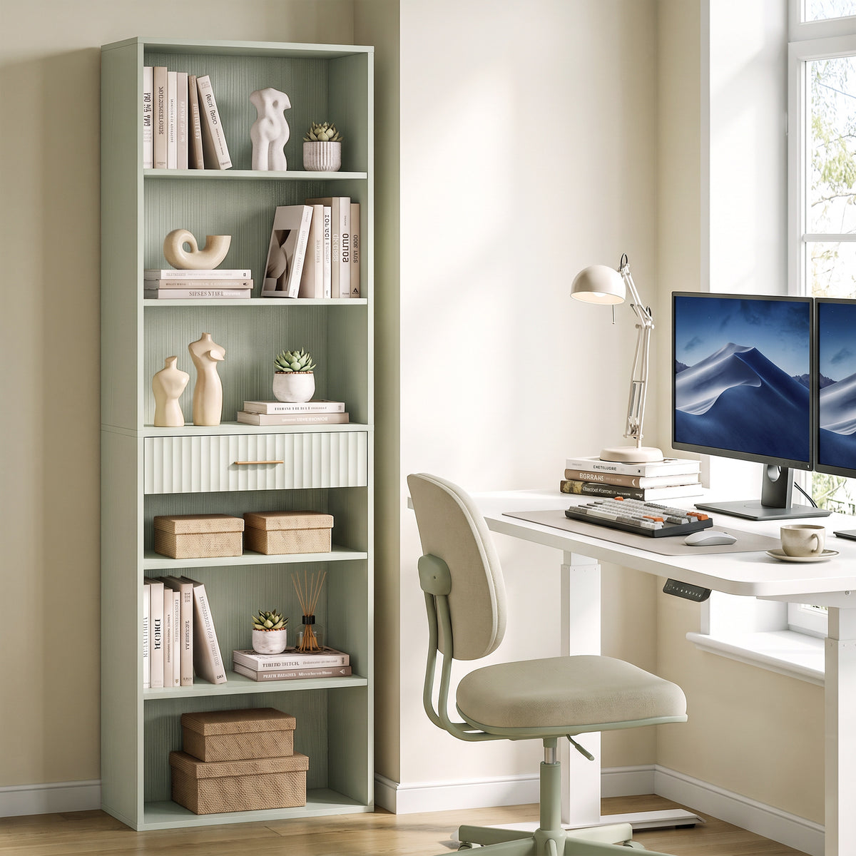 HOMCOM Narrow Tall 7 Tier Bookshelf With Drawer Open Shelves Light Green