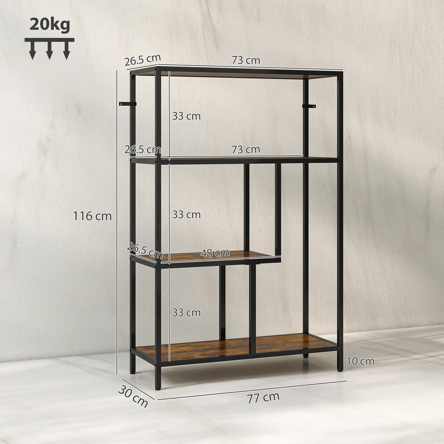 HOMCOM 4 Tier Bookshelf With Open Shelves Rustic Brown Wood Finish Black Frame Industrial Style Storage