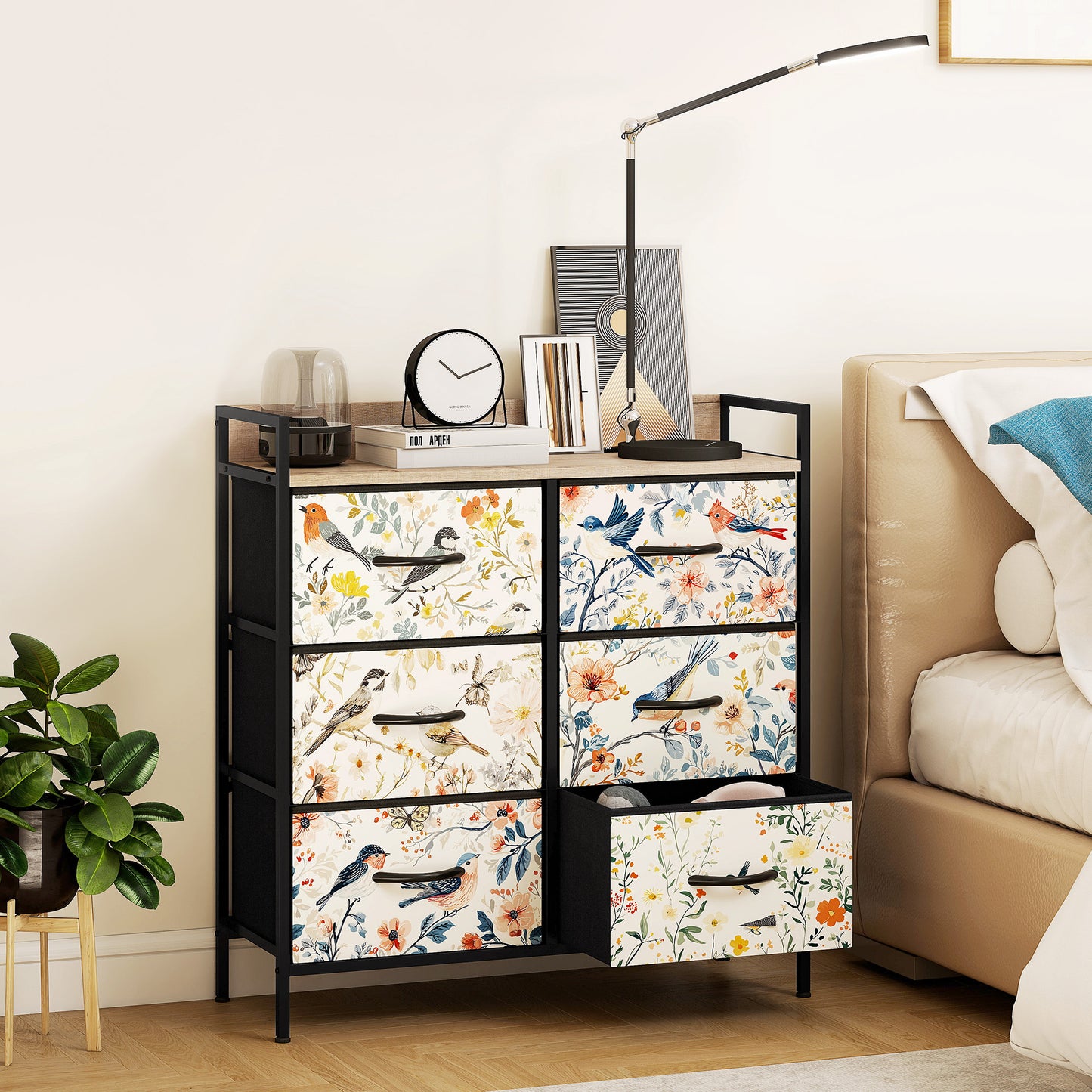 HOMCOM 6 Drawer Fabric Chest of Drawers White with Removable Foldable Drawers and Patterned Panels