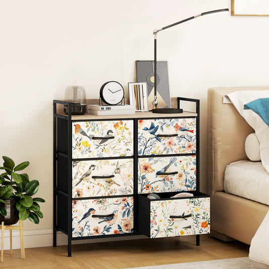 HOMCOM 6 Drawer Fabric Chest of Drawers White with Removable Foldable Drawers and Patterned Panels
